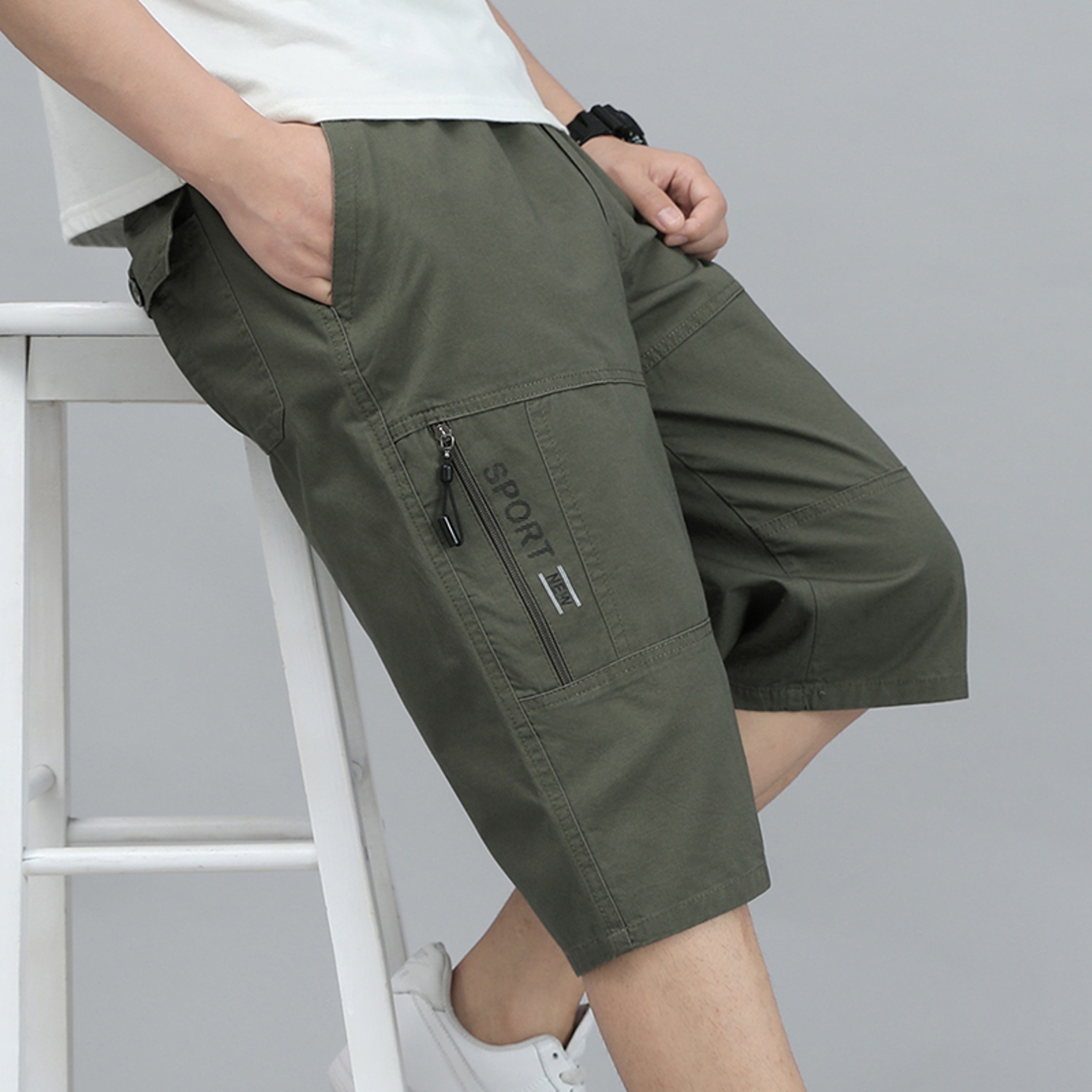 Mens Cotton Cargo Shorts with Zipper Pockets and Elastic Waist Knee Length Summer Shorts – view 1