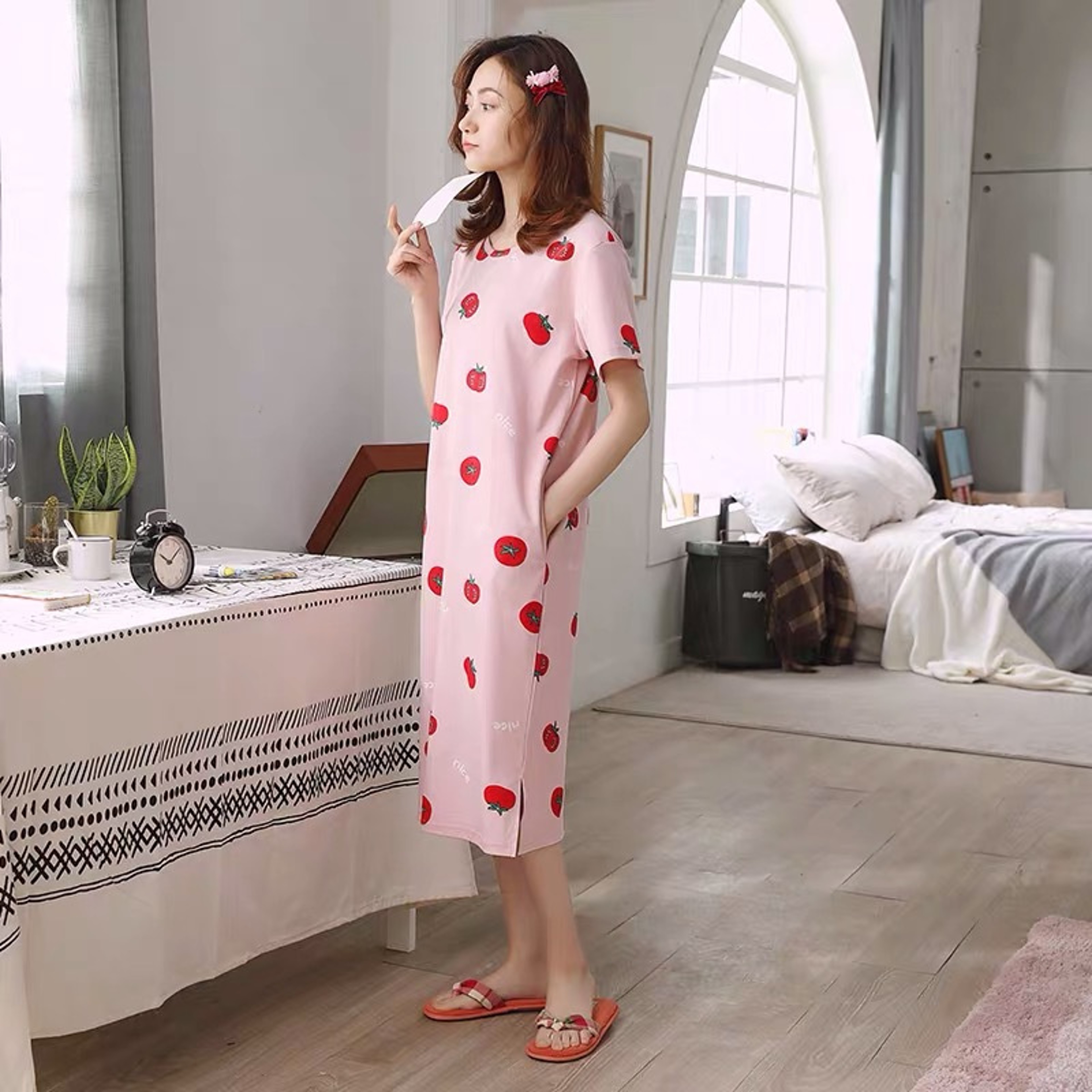 Womens Cartoon Print Nightgown Plus Size Short Sleeve Summer Sleepwear Dress 10