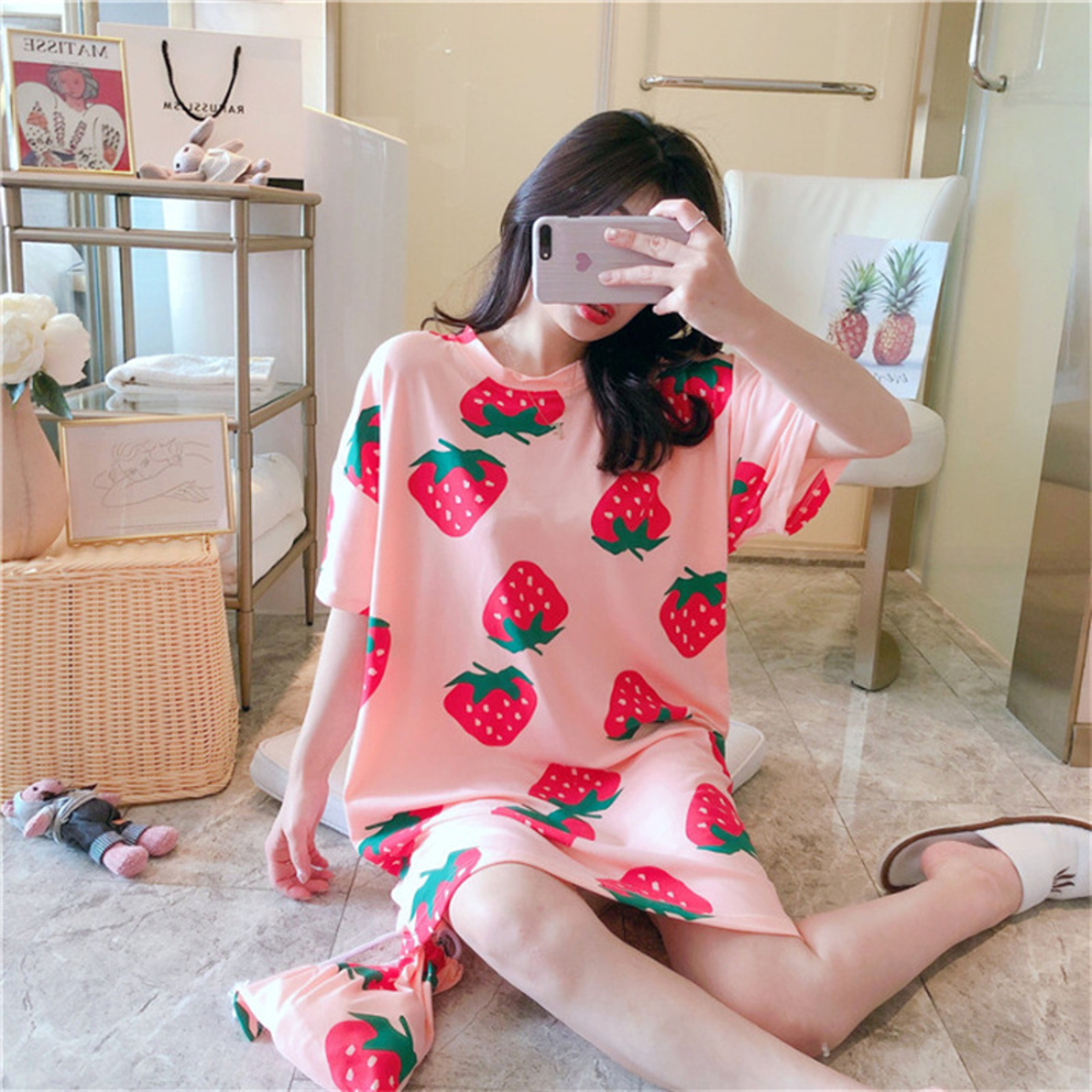 Womens Cartoon Print Nightgown Plus Size Short Sleeve Summer Sleepwear Dress 13