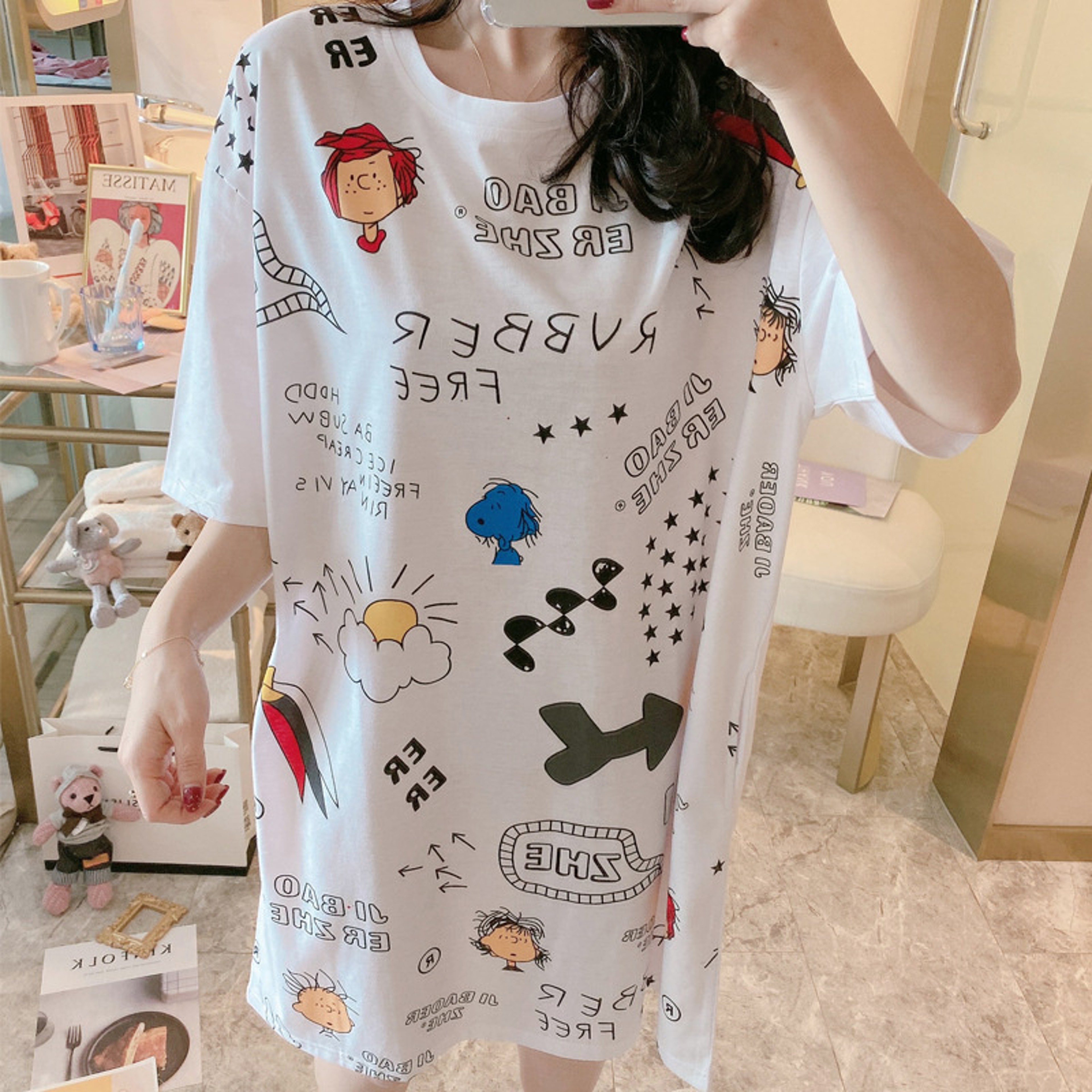 Womens Cartoon Print Nightgown Plus Size Short Sleeve Summer Sleepwear Dress 24