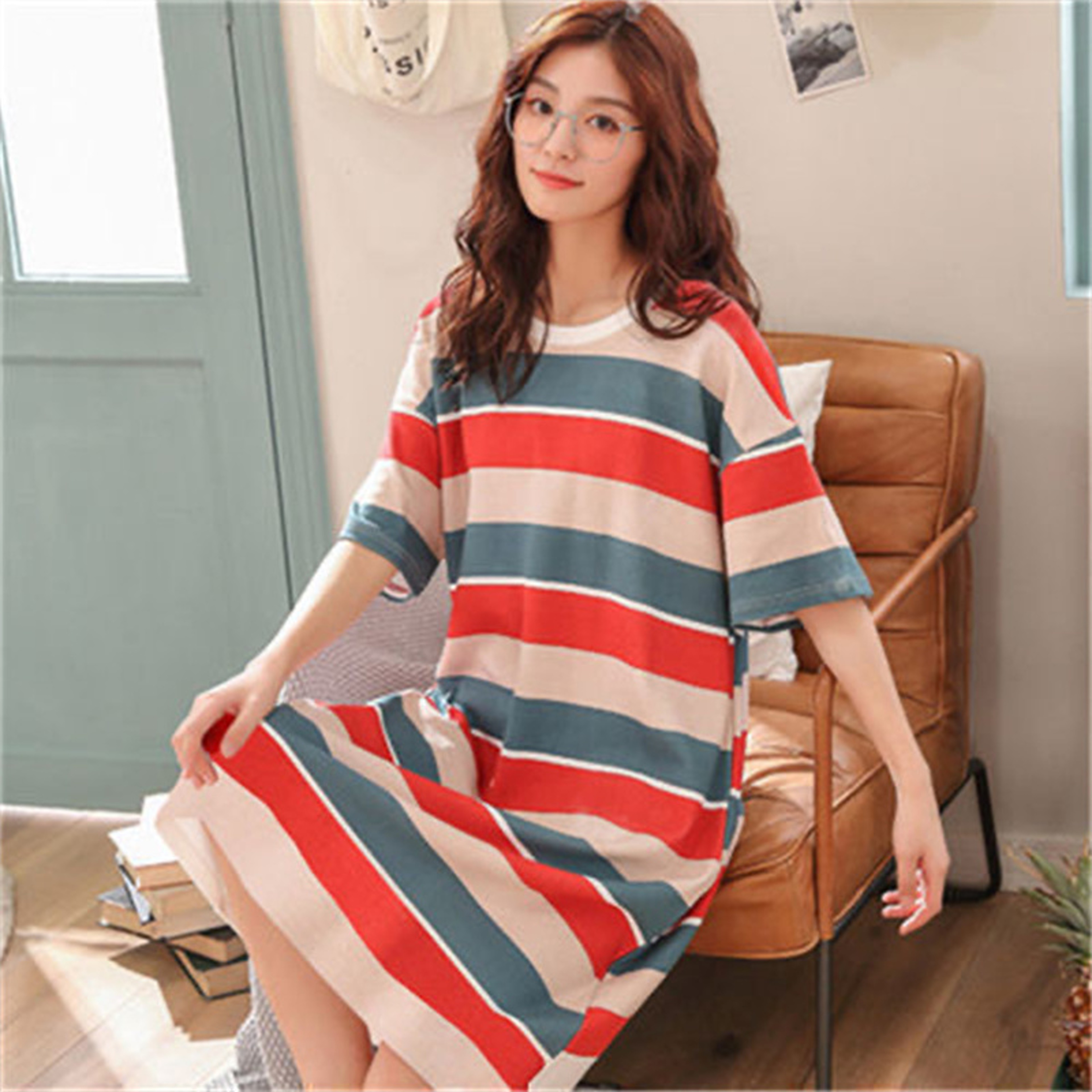 Womens Cartoon Print Nightgown Plus Size Short Sleeve Summer Sleepwear Dress 25