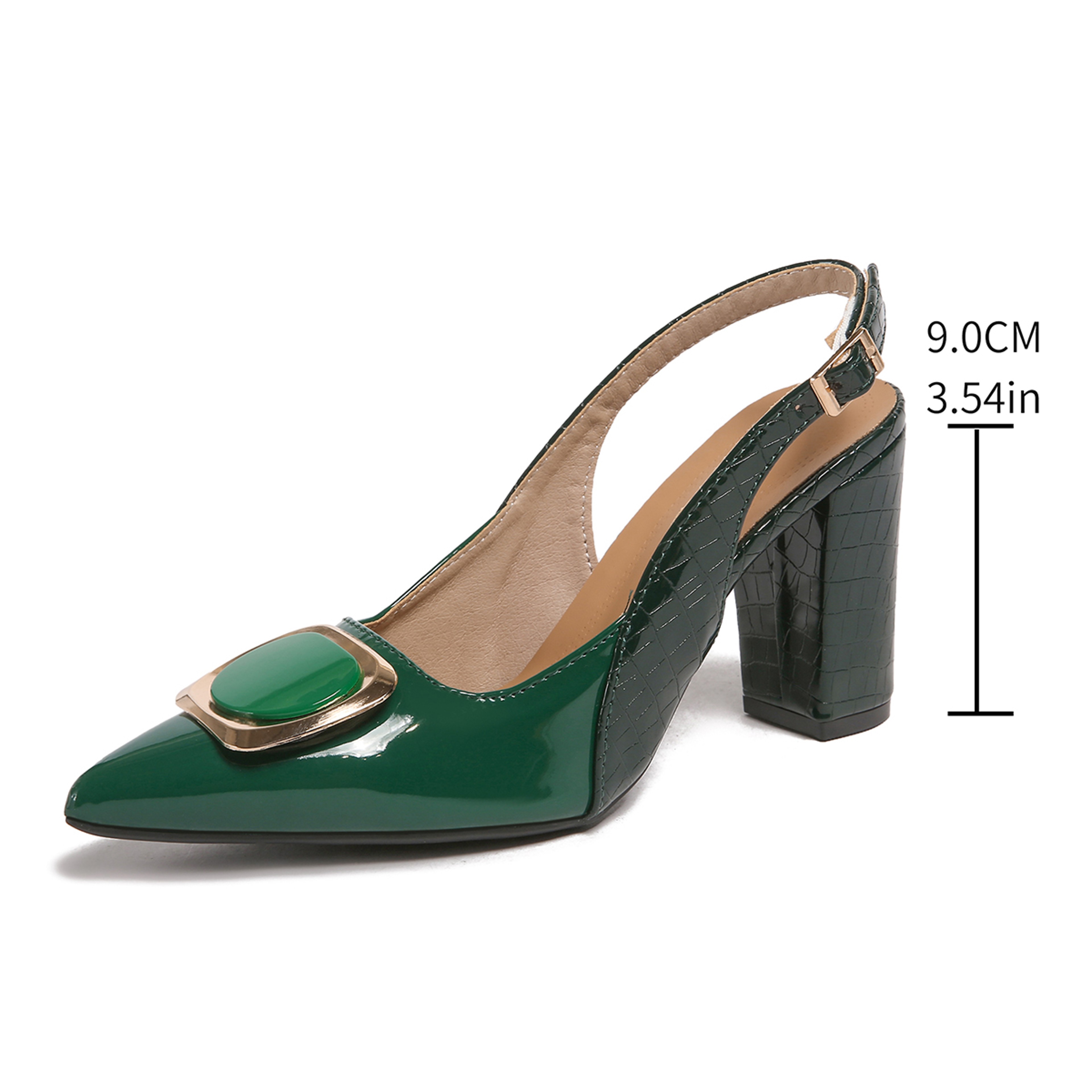 Womens Pointed Toe Block Heel Slingback Pumps With Metal Buckle 5