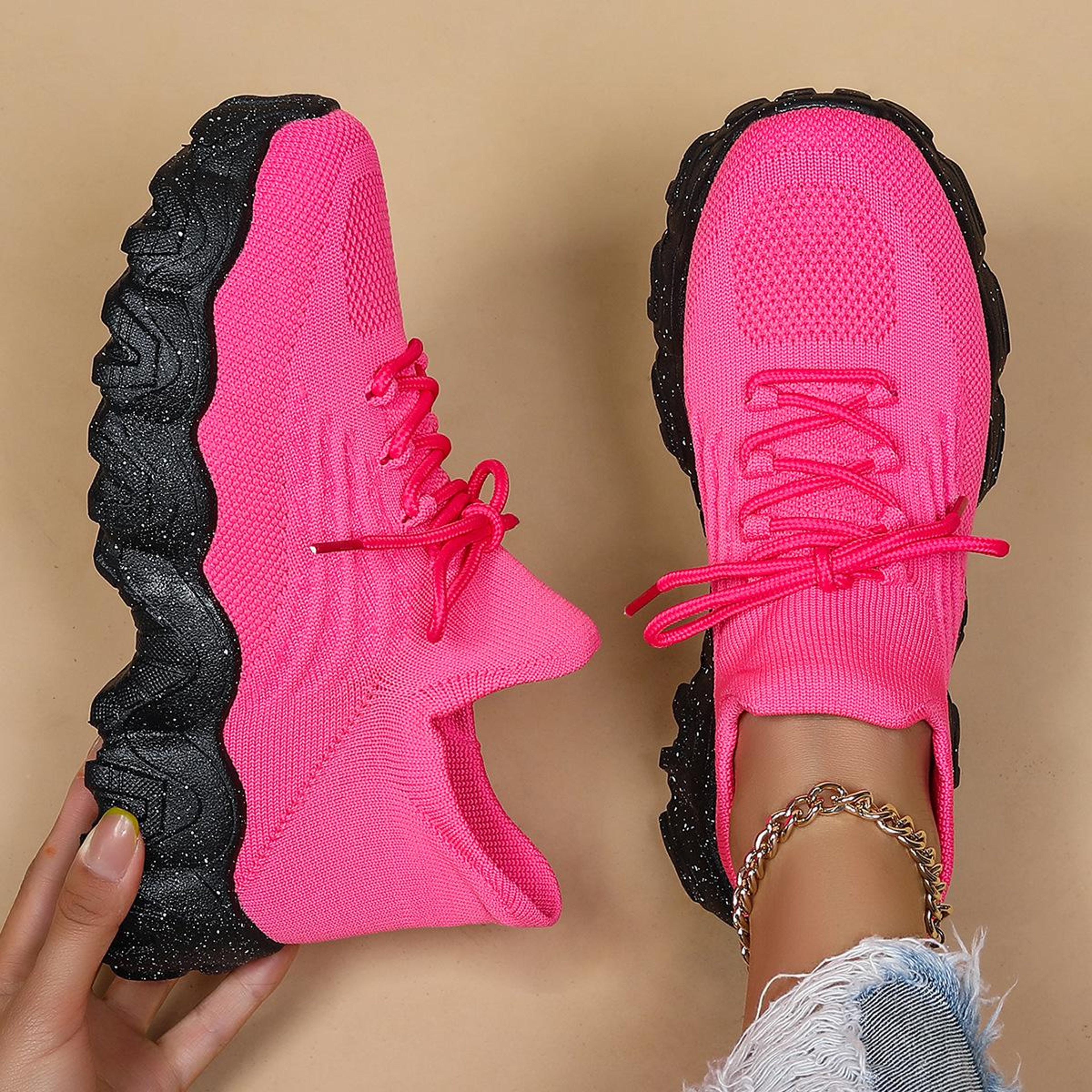 Womens Pink Breathable Mesh Sneakers with Lace Up Design – view 16