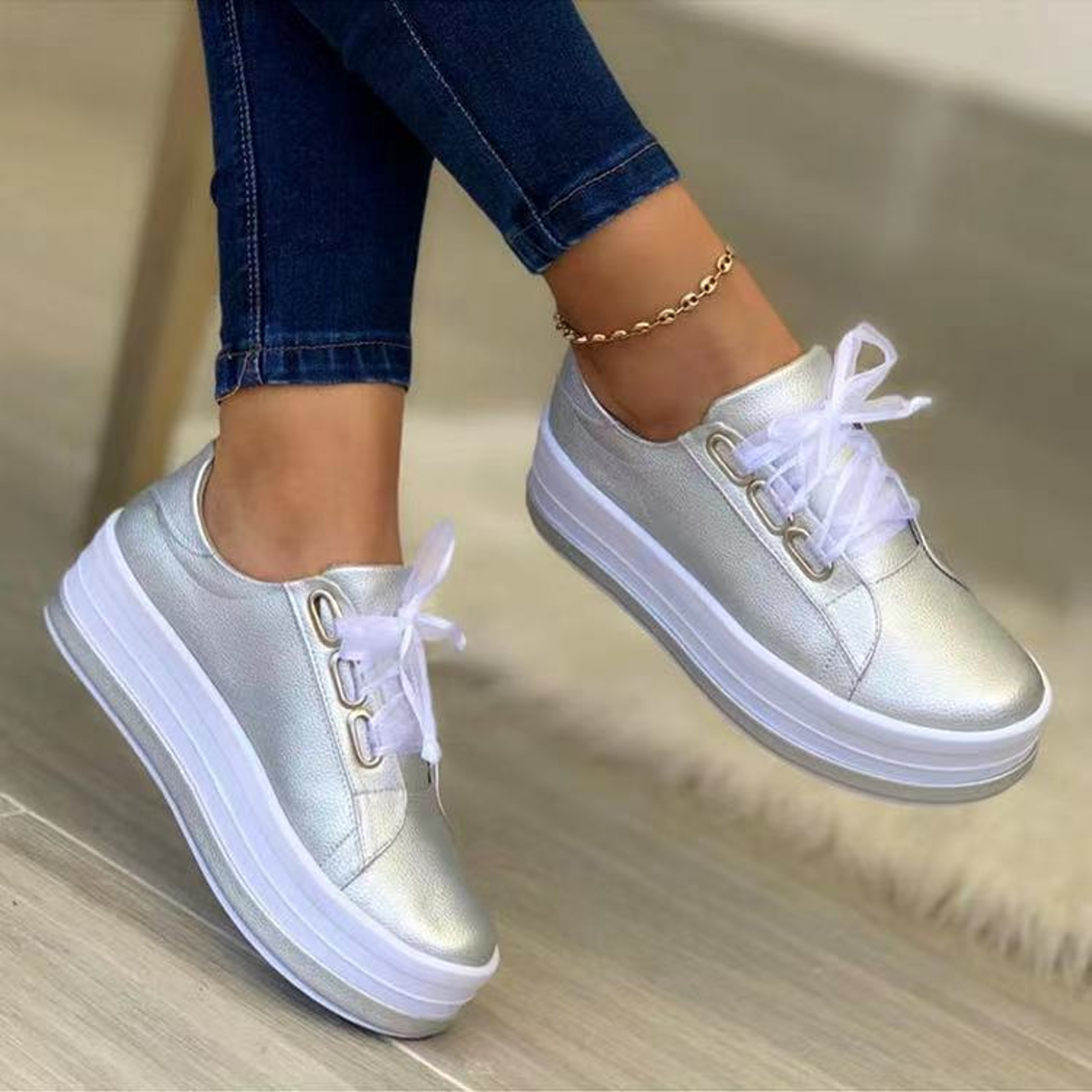 Womens Platform Sneakers With Lace Up Closure And Thick Rubber Soles 1