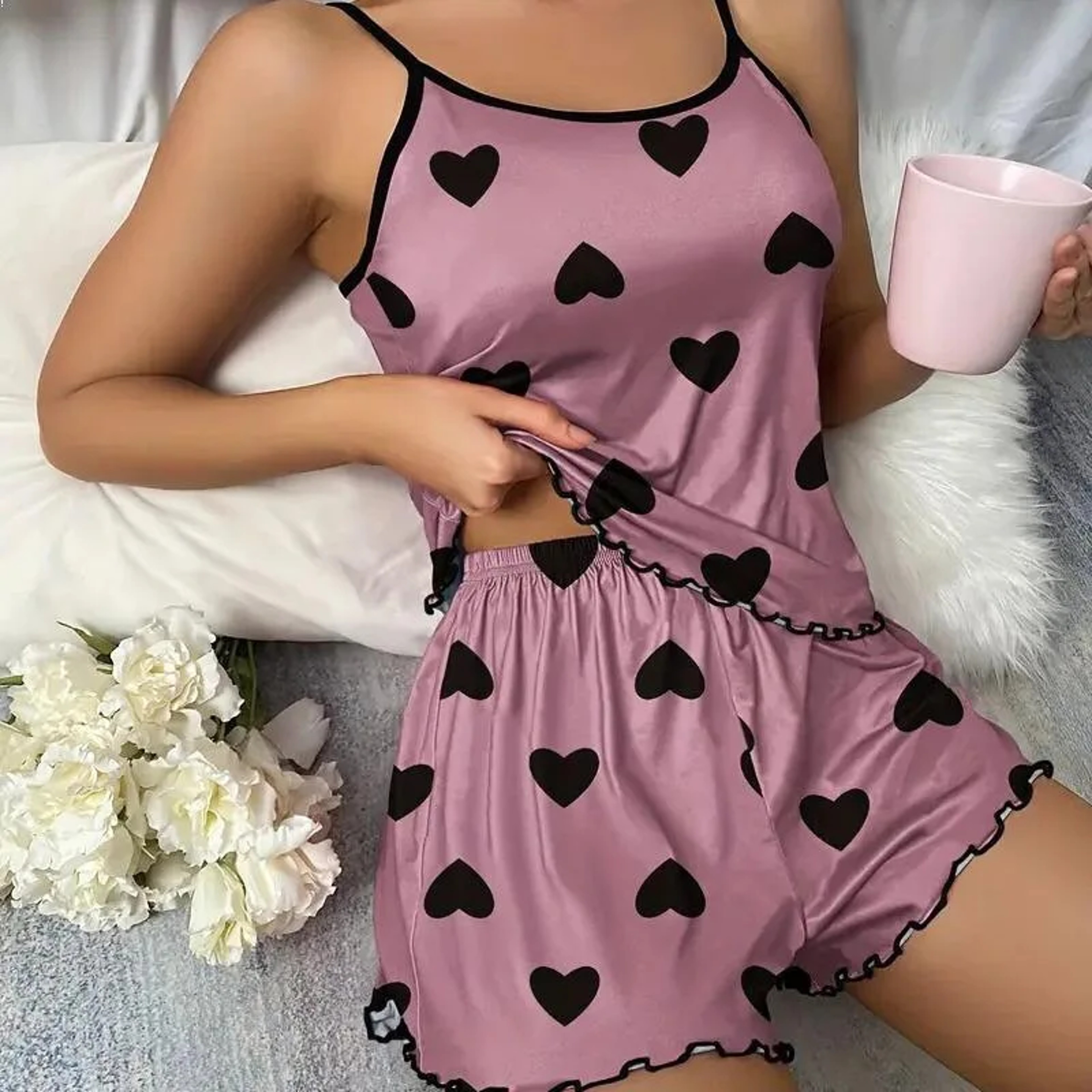 Womens Sleeveless Pajama Set with Pink Heart Print and Shorts – view 7