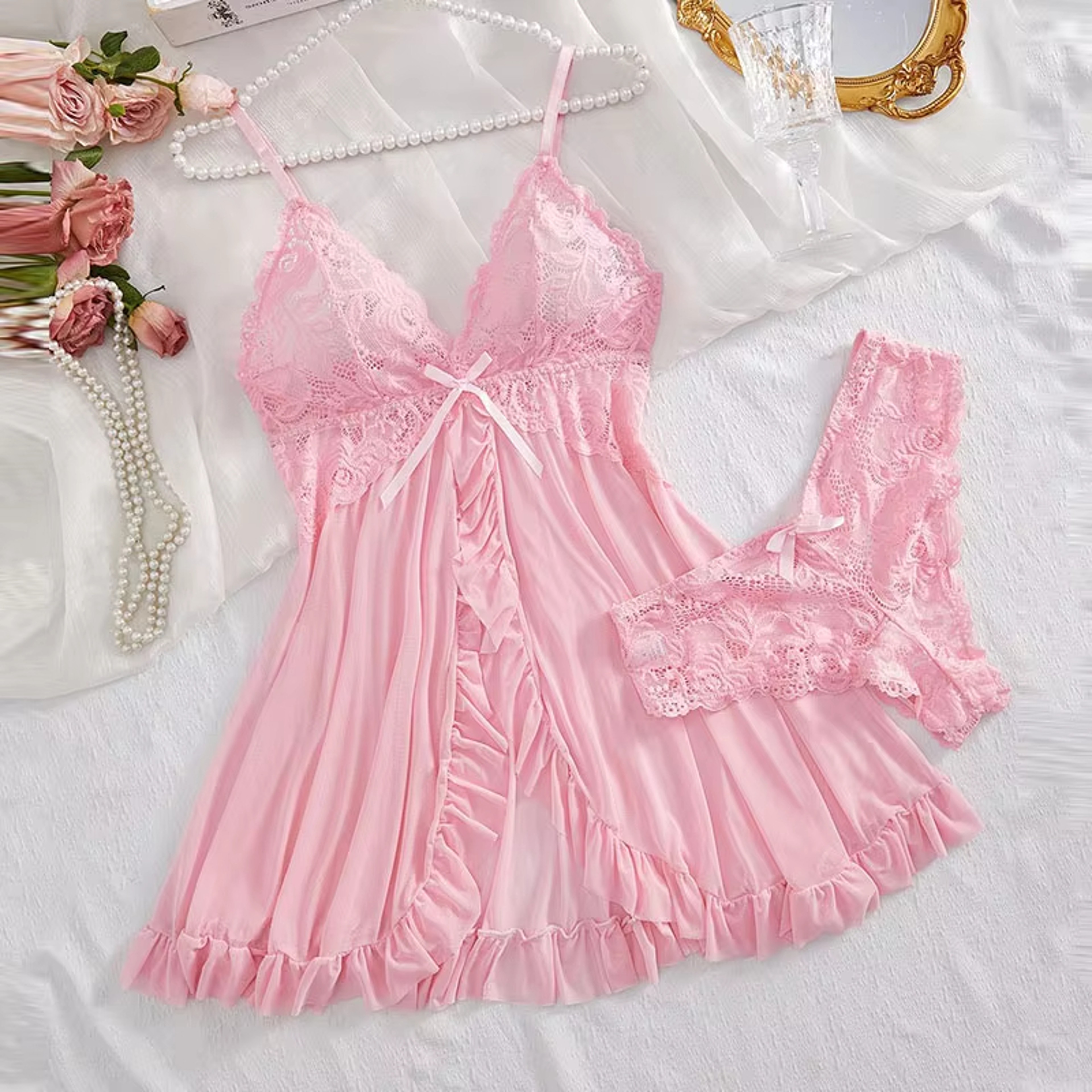 Womens Lace Nightgown Two Piece Set With V Neck And Sleeveless Design 8
