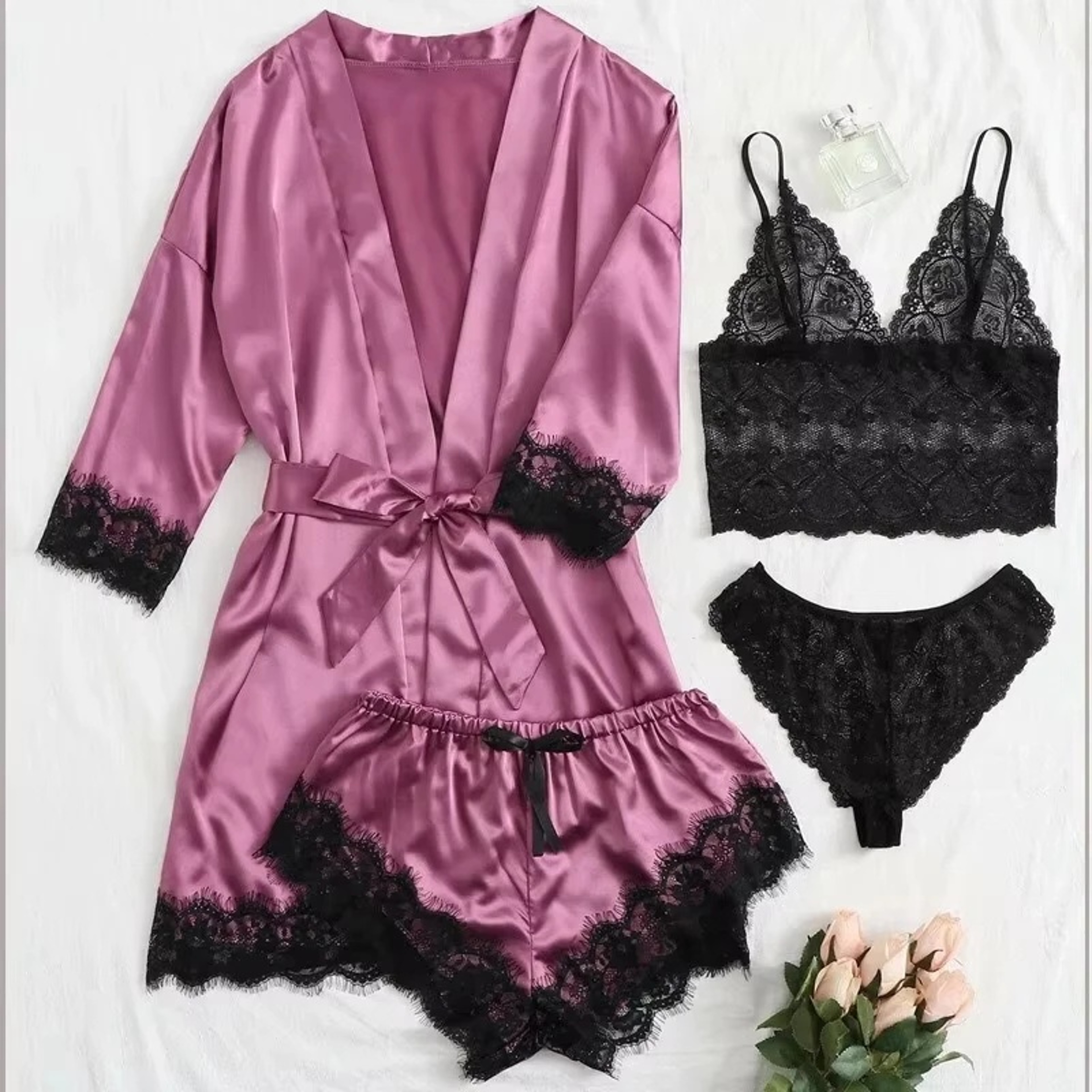 Womens four Piece Satin Pajama Set with Lace Detail and Robe – view 2