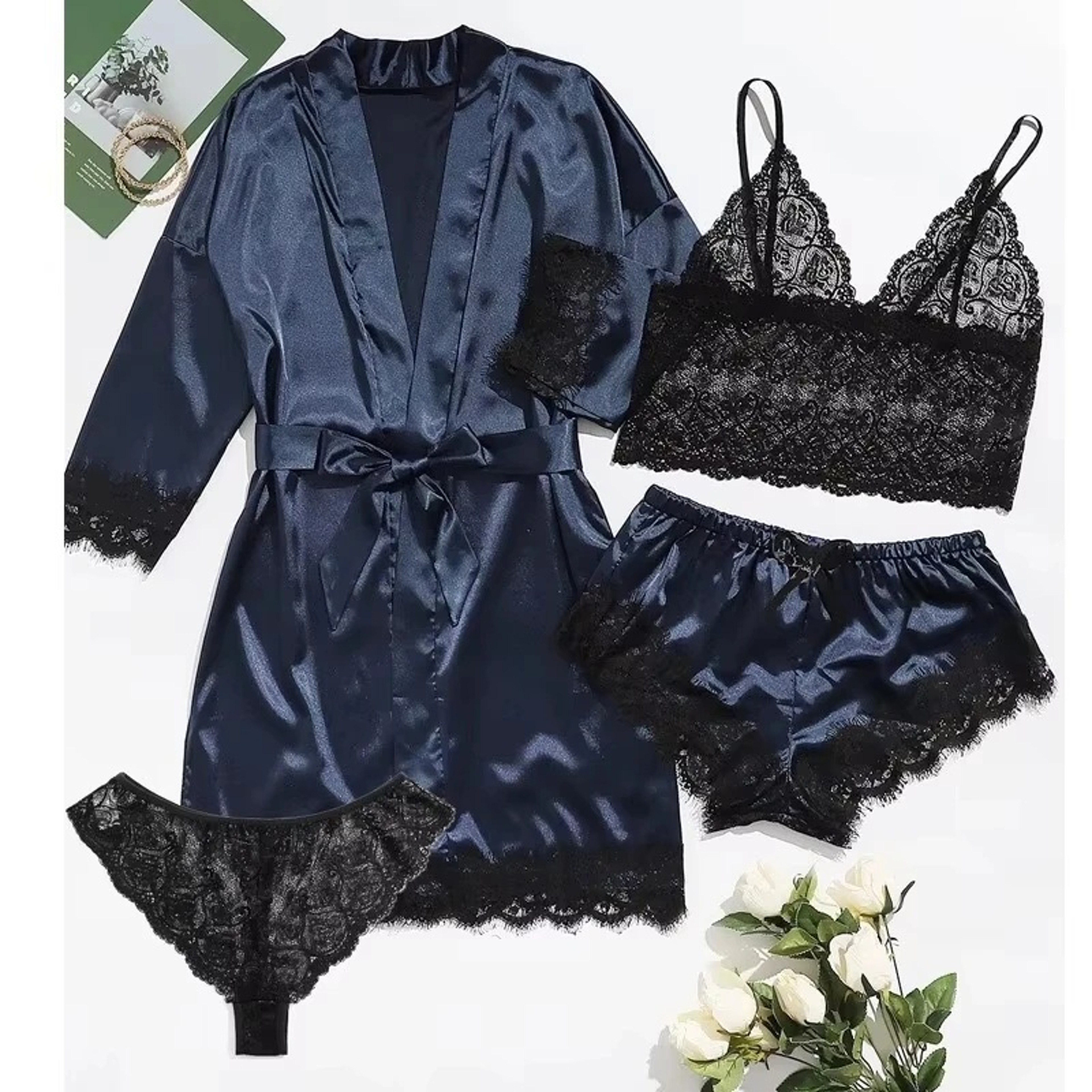 Womens four Piece Satin Pajama Set with Lace Detail and Robe – view 5