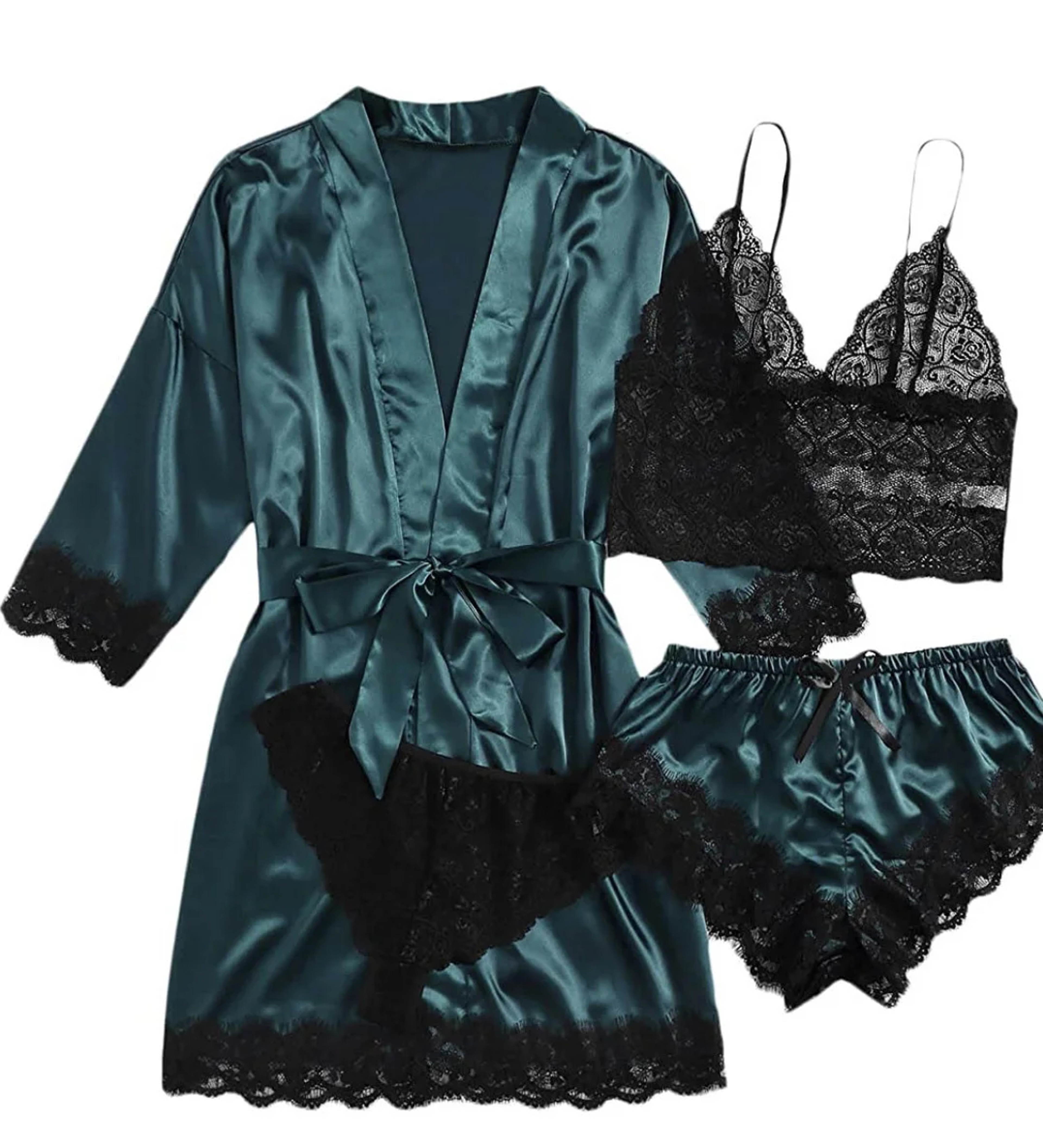 Womens four Piece Satin Pajama Set with Lace Detail and Robe – view 10