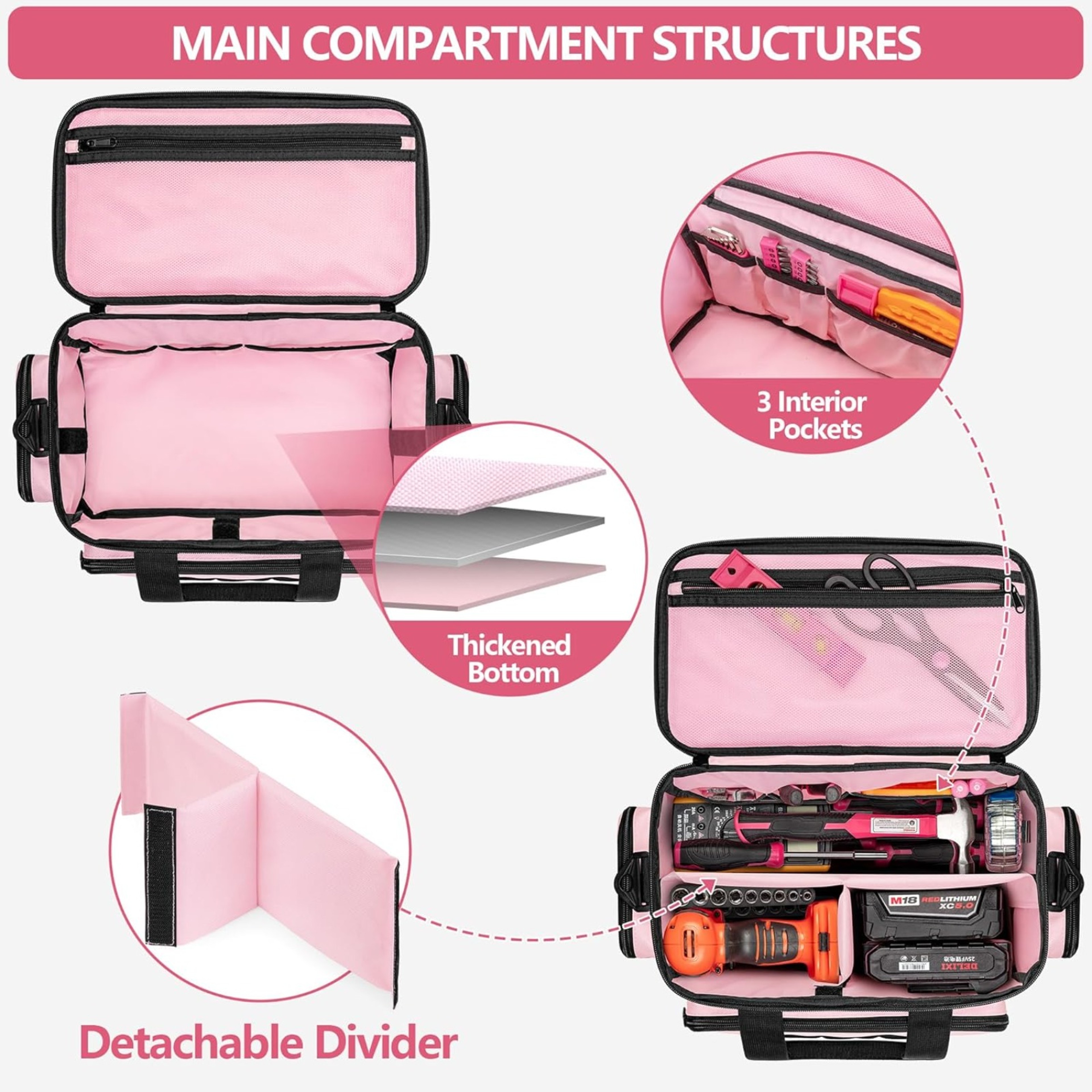 Pink Tool Bag For Women Nylon Tool Tote Organizer With Anti Friction Bottom 1