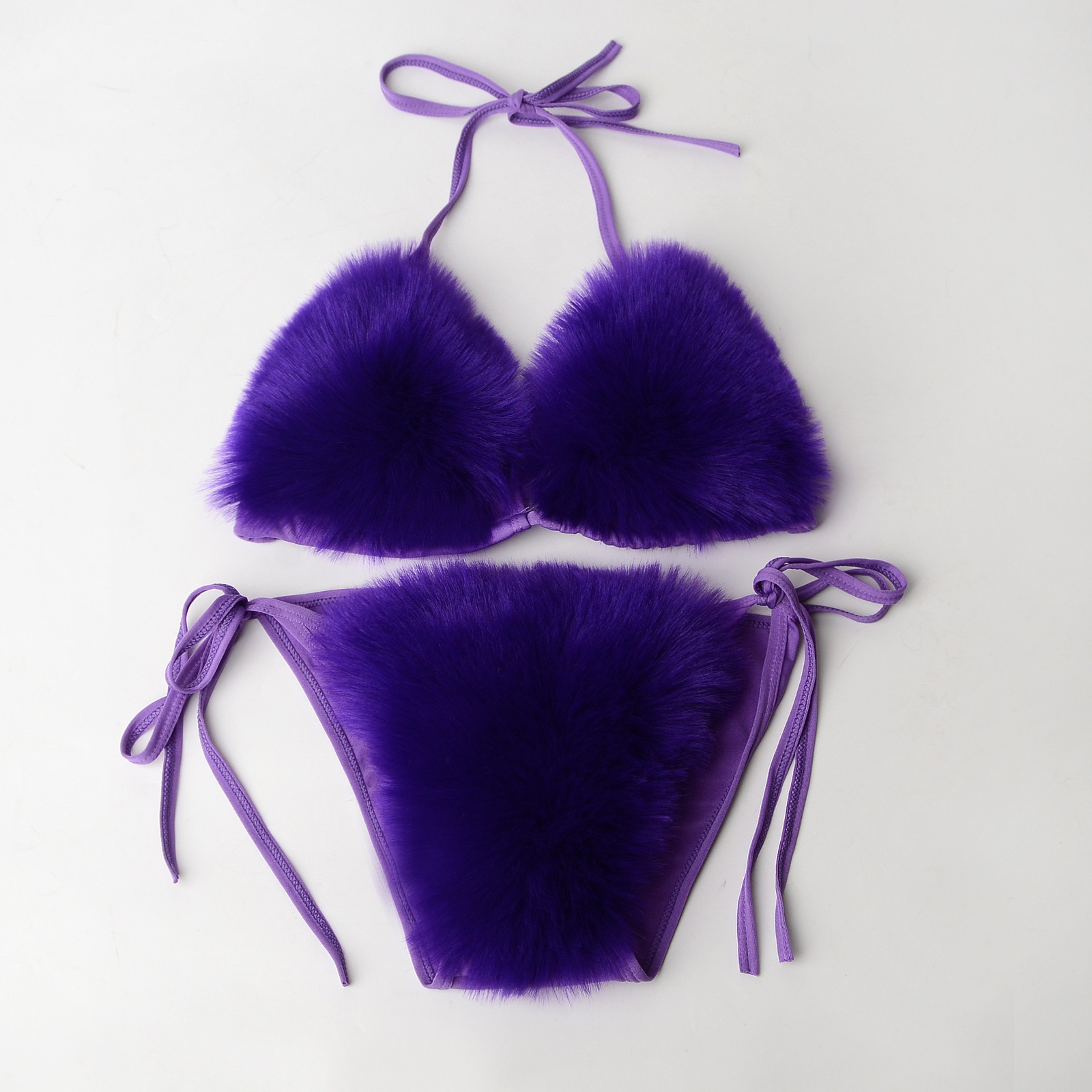 Womens Faux Fur Halter Bikini Set with High Waist Bottoms and Deep V Neck – view 5