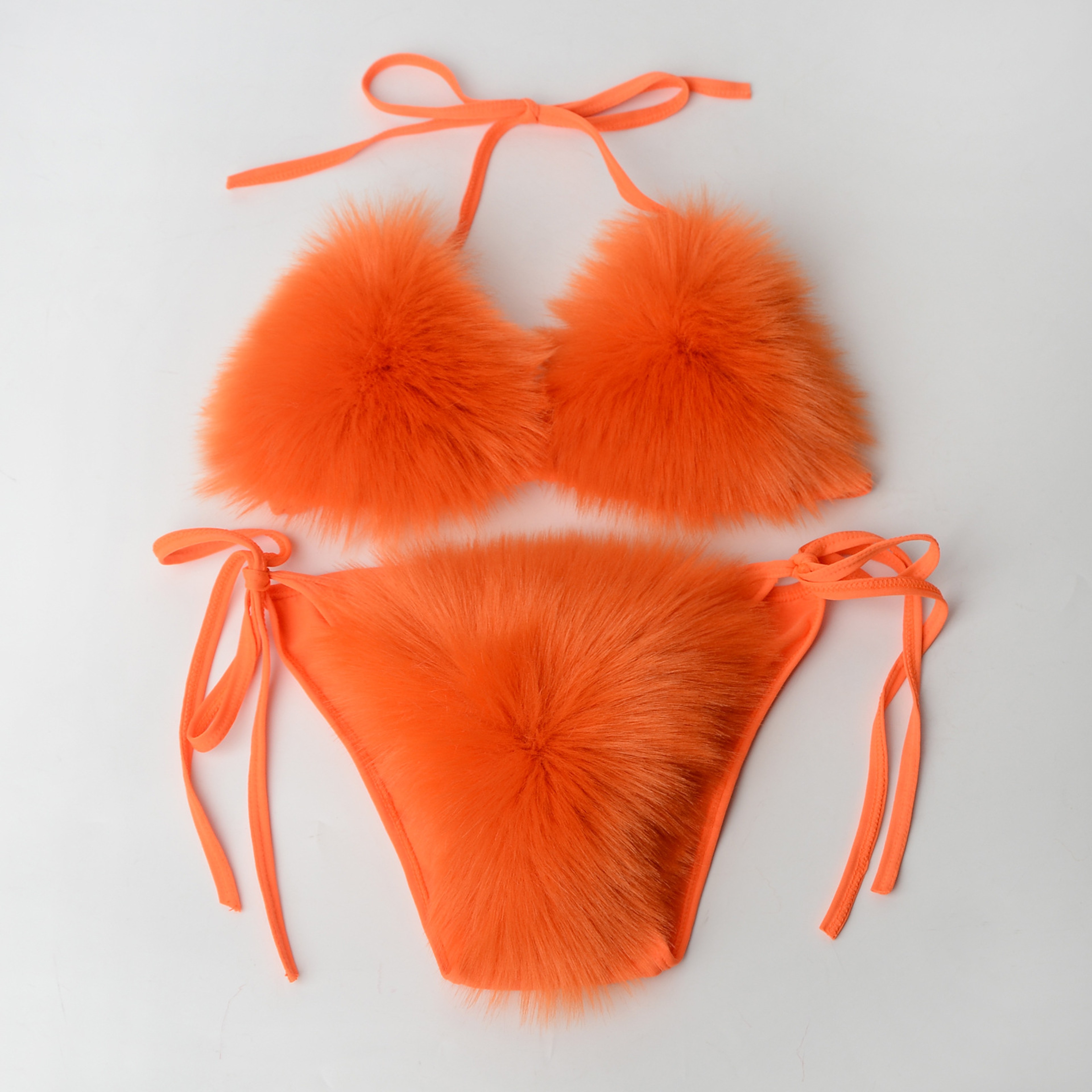 Womens Faux Fur Halter Bikini Set with High Waist Bottoms and Deep V Neck – view 7