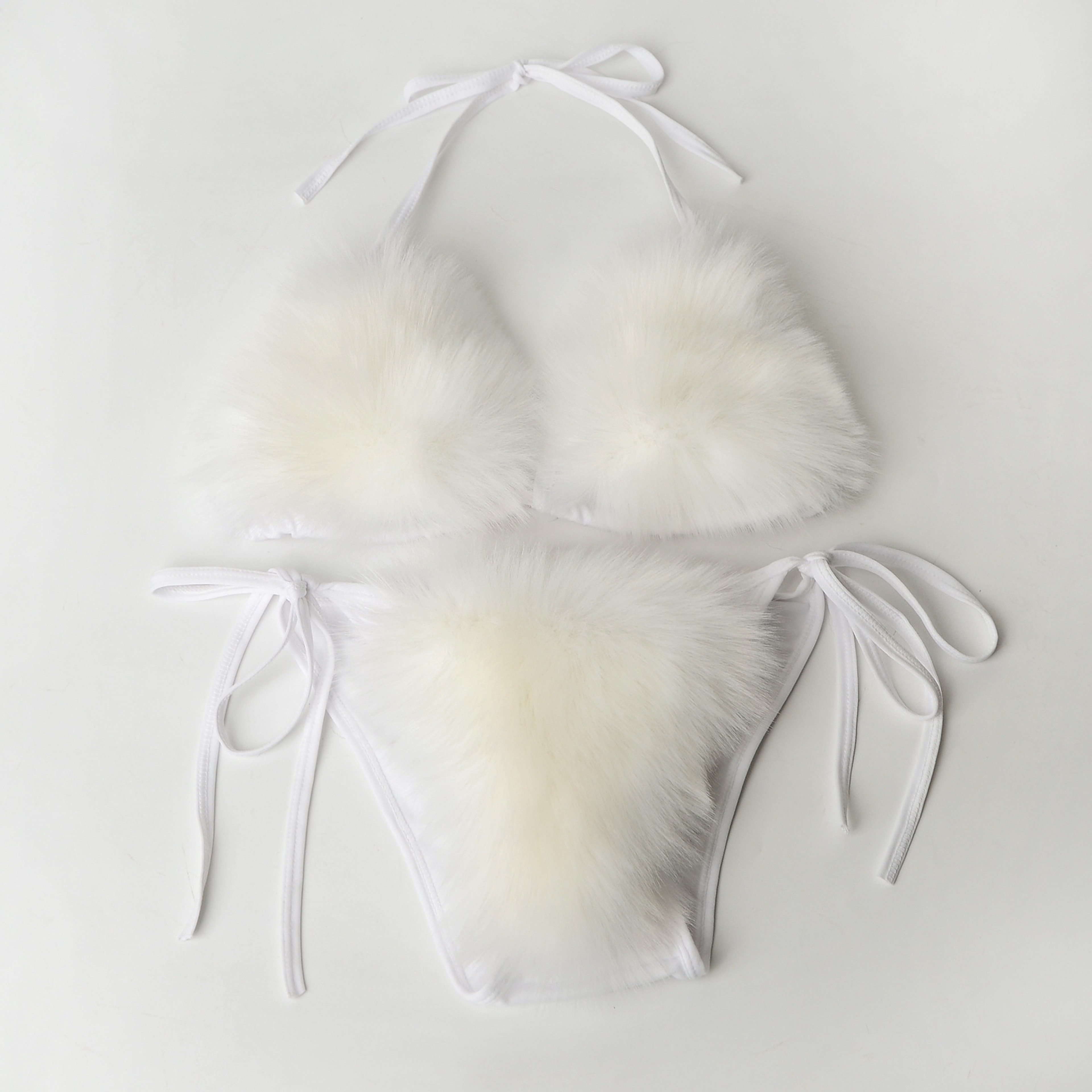 Womens Faux Fur Halter Bikini Set with High Waist Bottoms and Deep V Neck – view 12