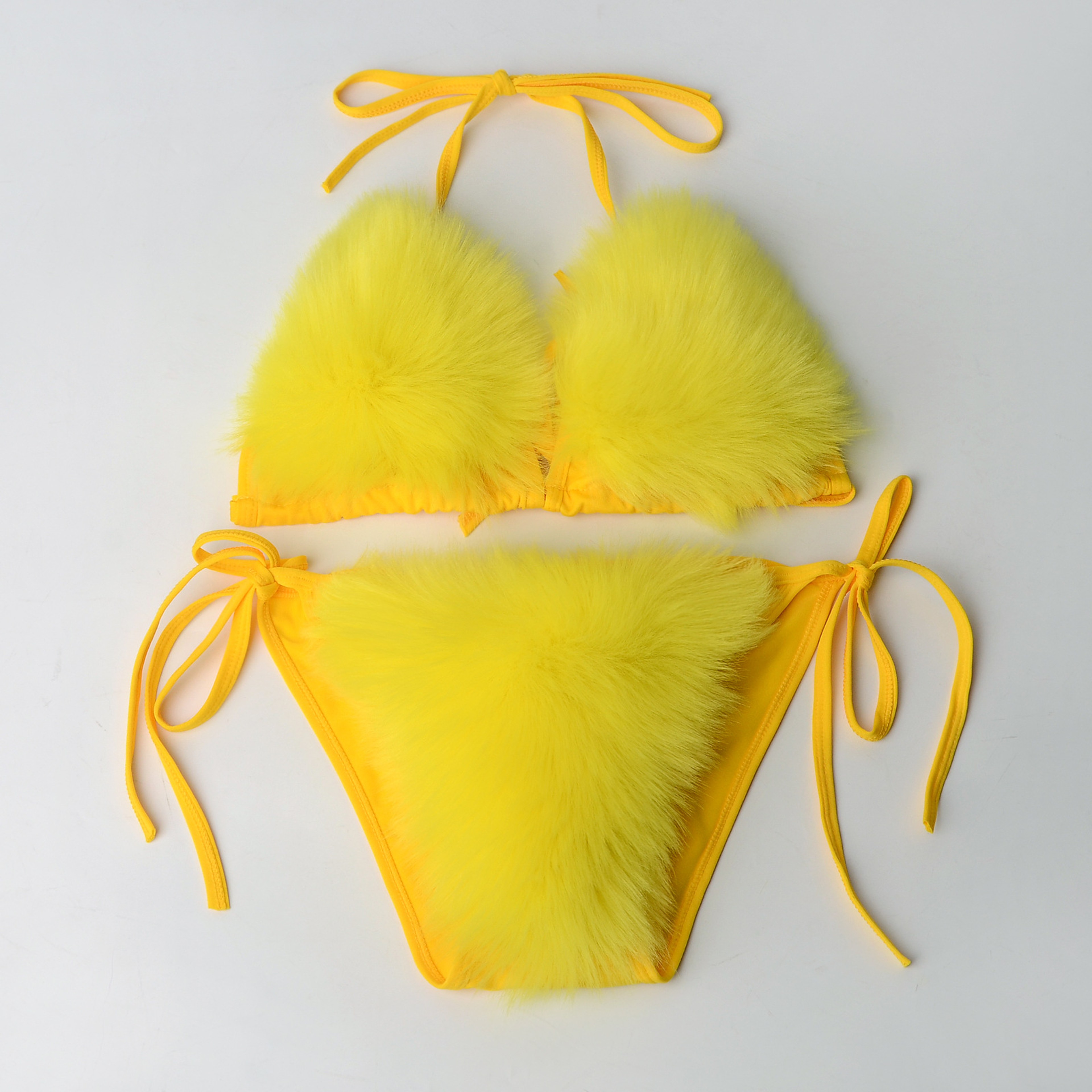 Womens Faux Fur Halter Bikini Set with High Waist Bottoms and Deep V Neck – view 17