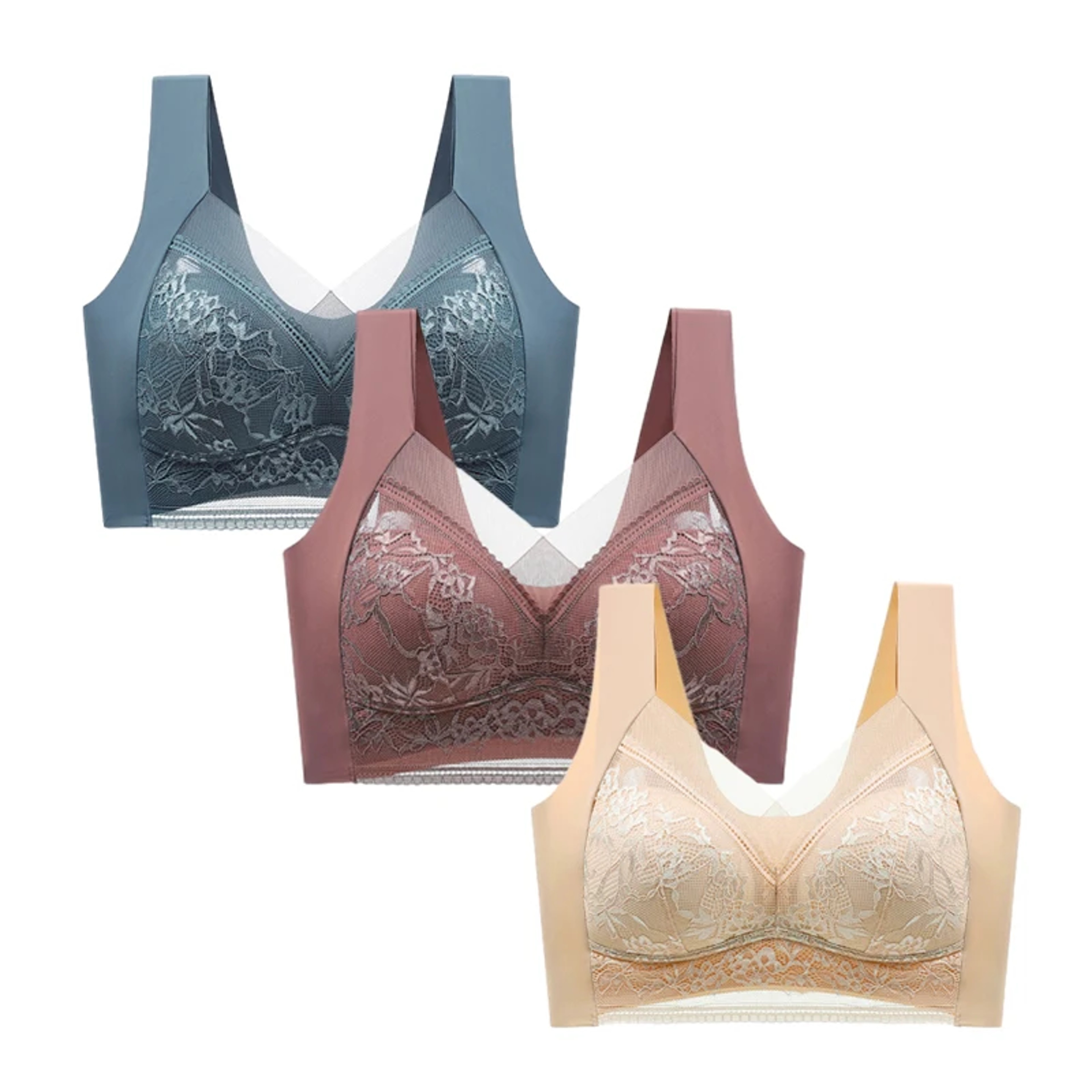 Three Pack Womens Wireless Push Up Lace Bras with Seamless Deep V Design – view 16