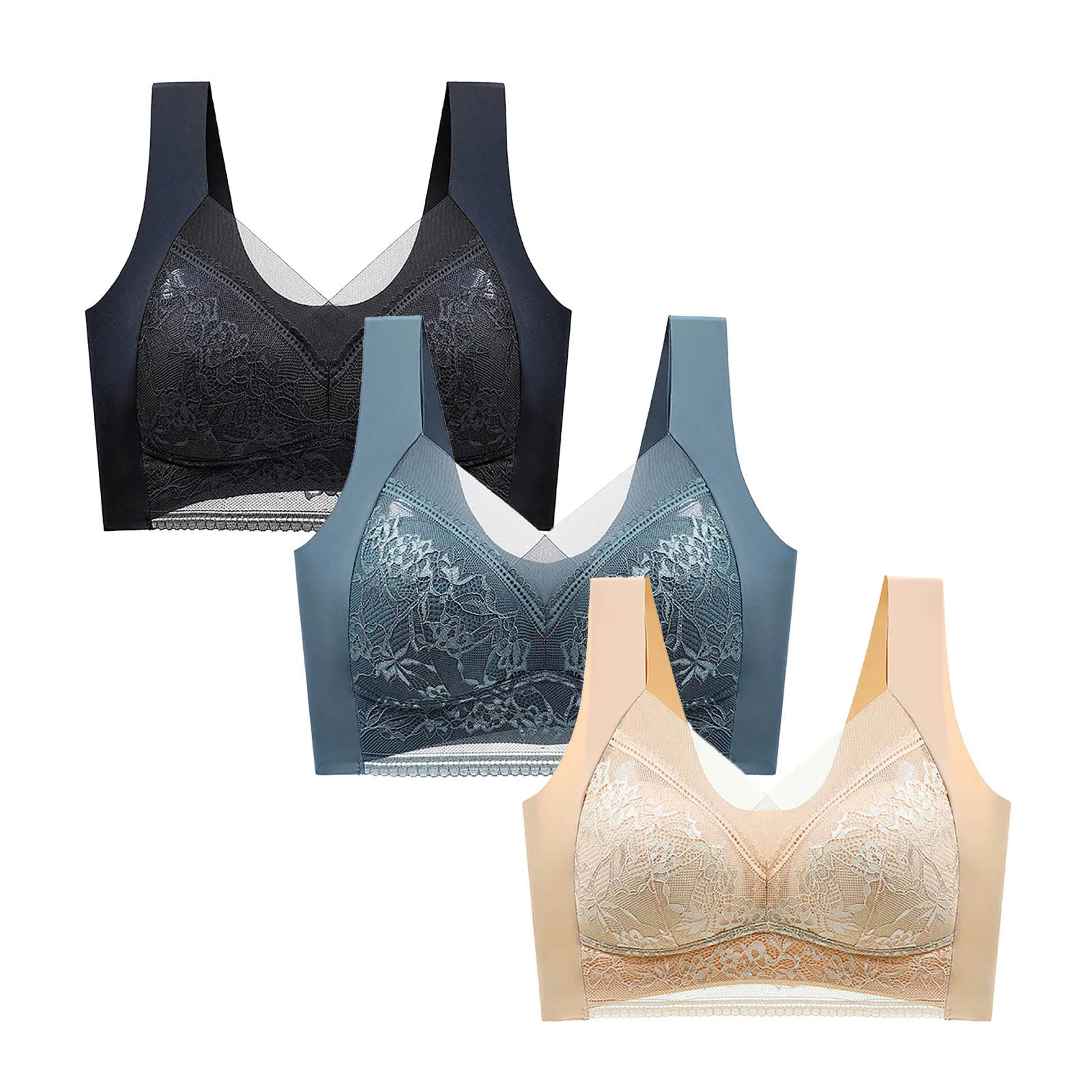 Three Pack Womens Wireless Push Up Lace Bras with Seamless Deep V Design – view 17