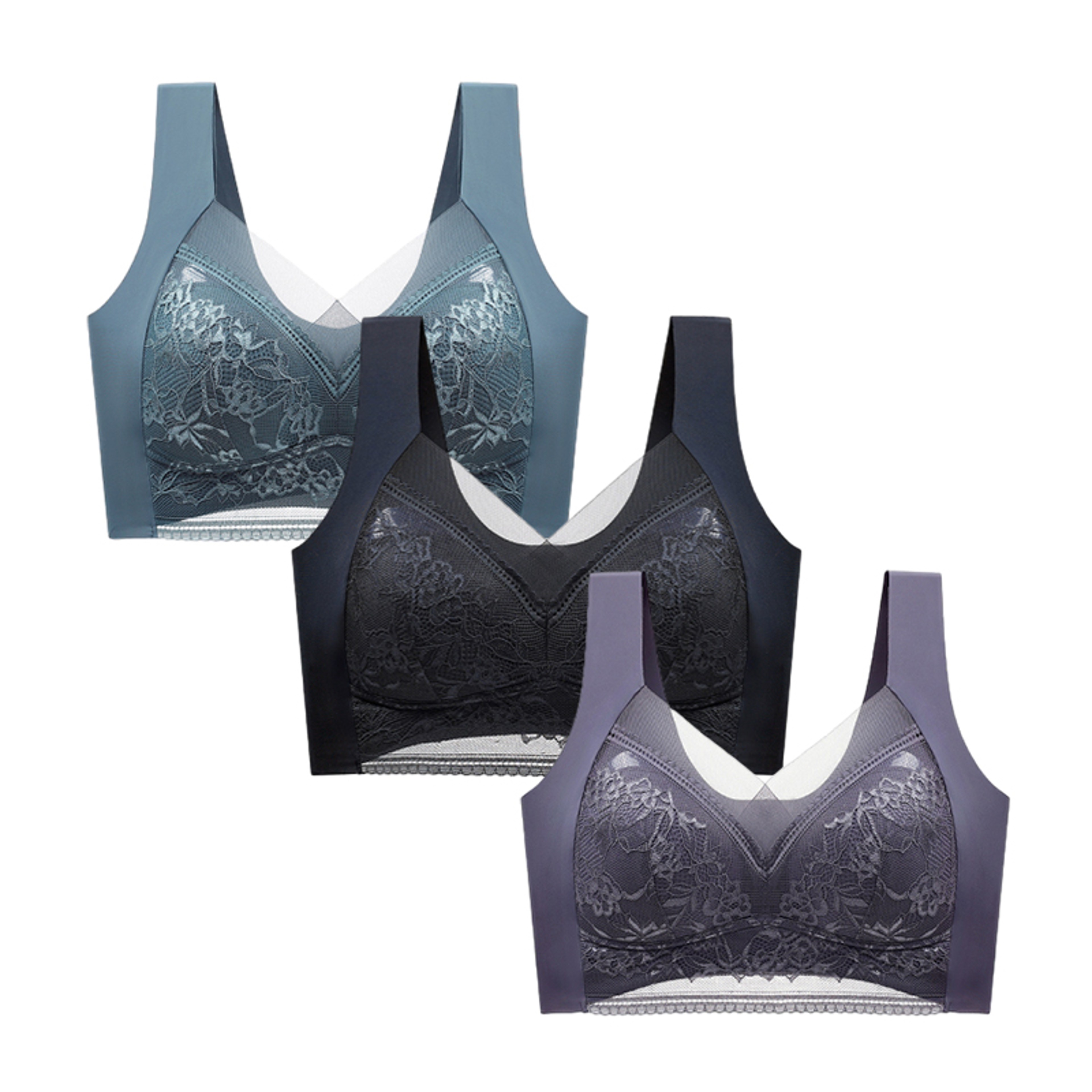 Three Pack Womens Wireless Push Up Lace Bras with Seamless Deep V Design – view 20