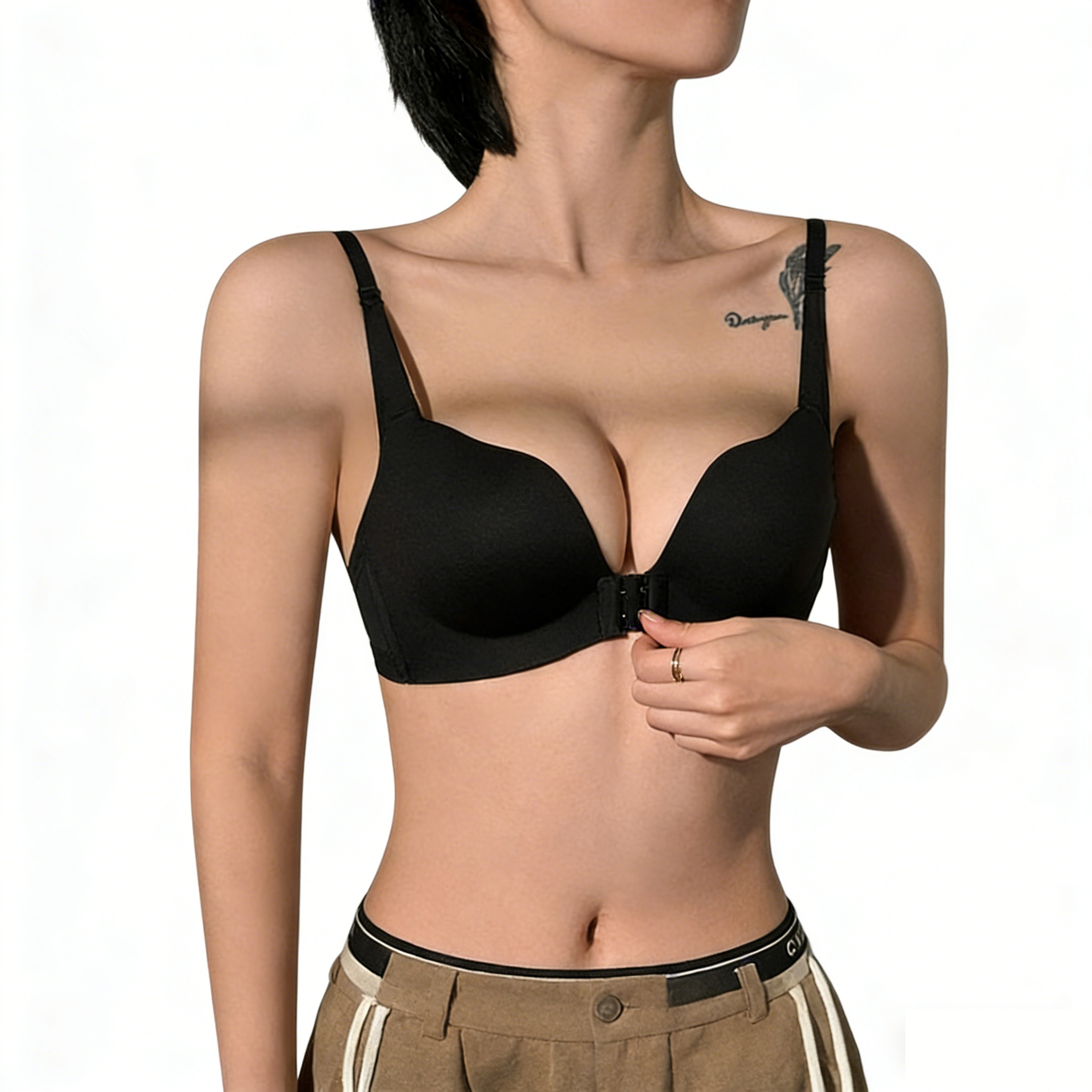 Womens Front Closure Wireless Bra with Plunge Neckline and Adjustable Straps – view 1
