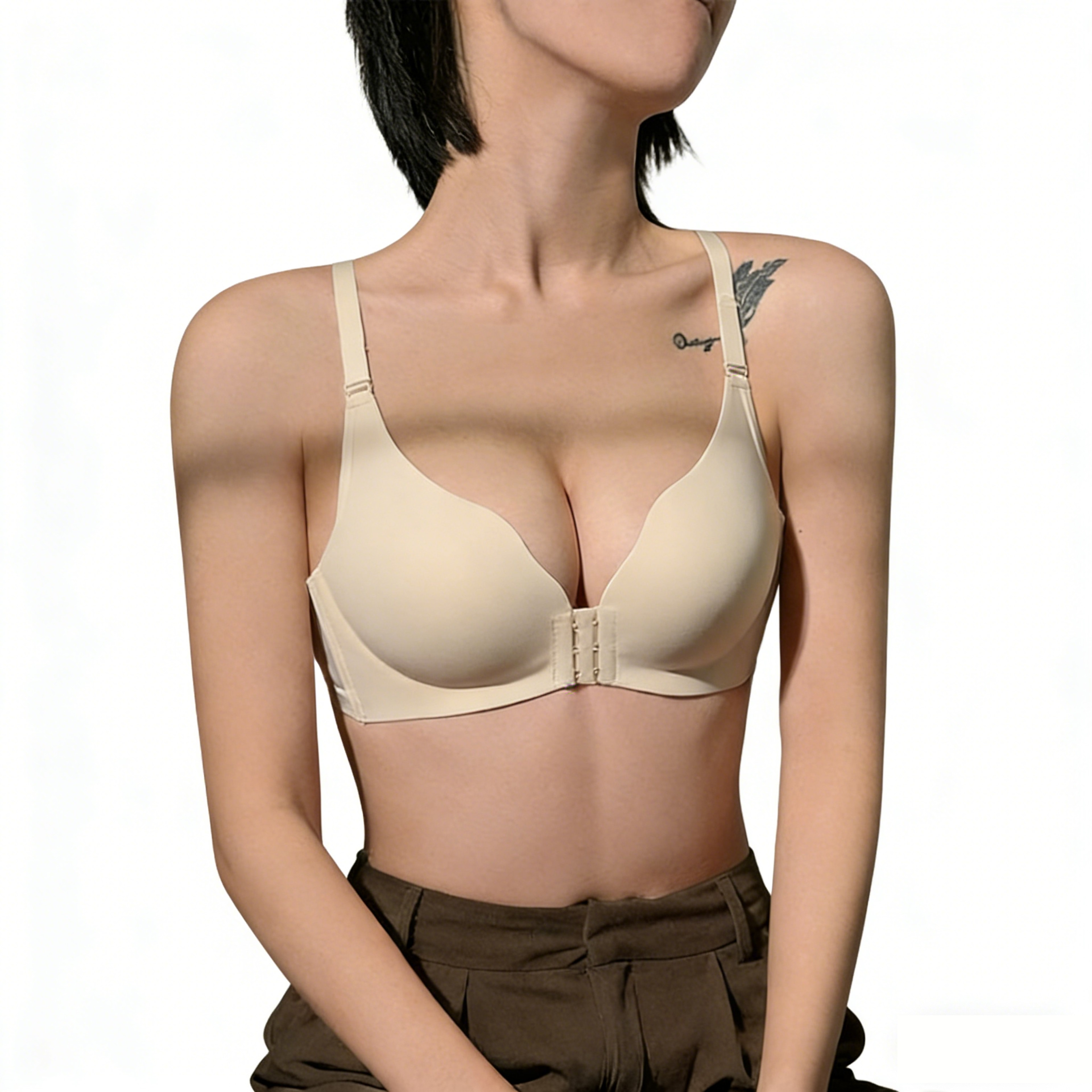 Womens Front Closure Wireless Bra with Plunge Neckline and Adjustable Straps – view 2