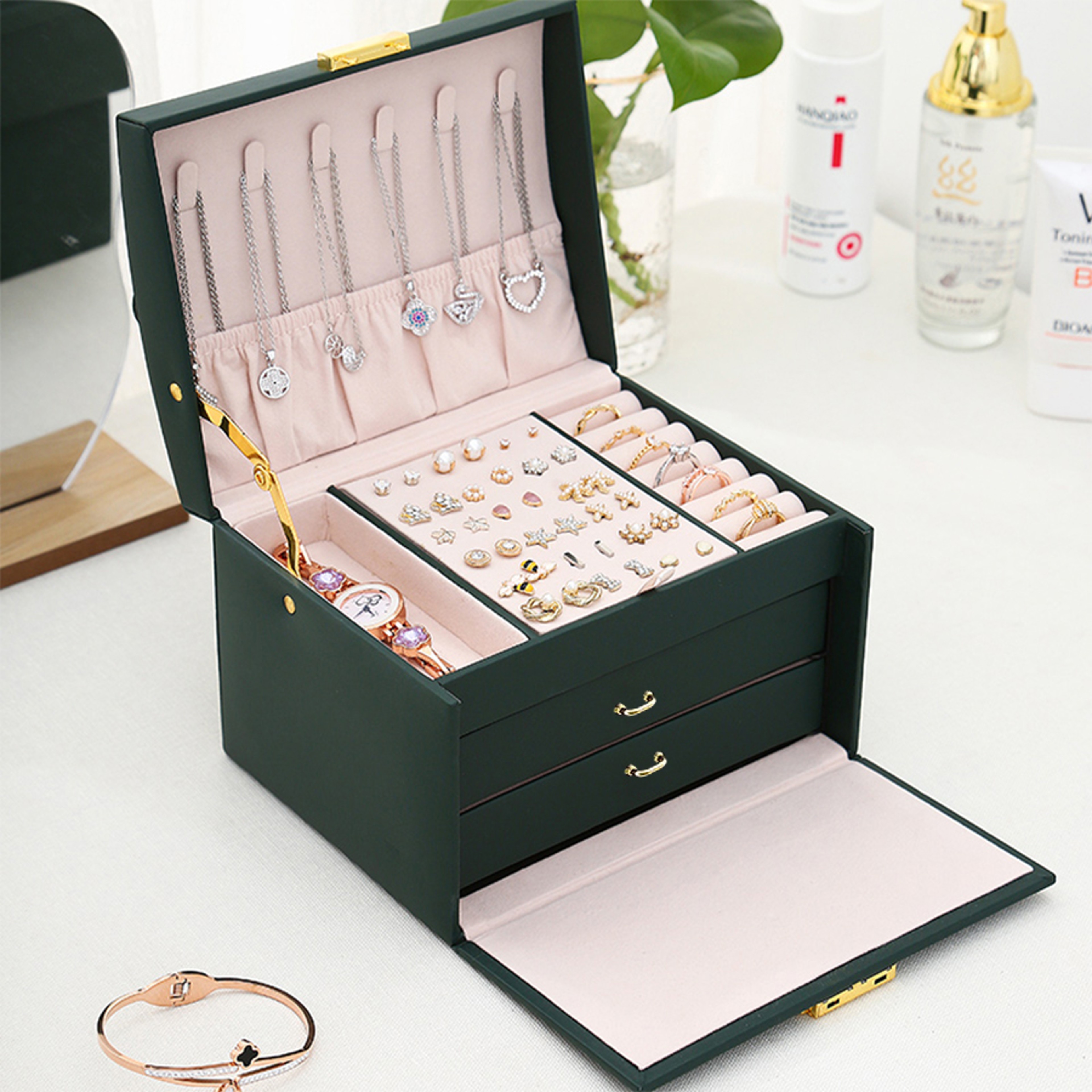Three Layer Jewelry Storage Box with Lock and Faux Leather Interior – view 4