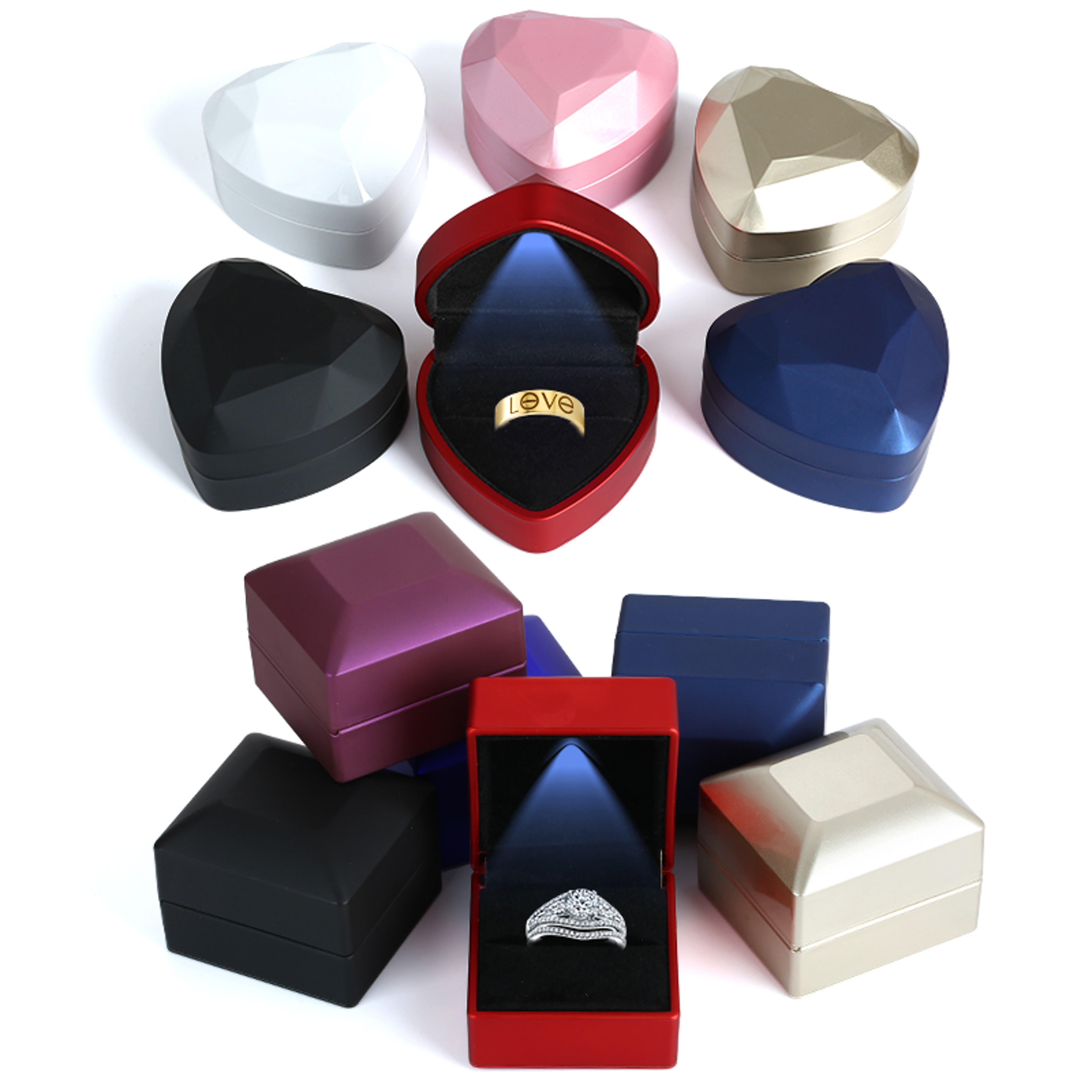 LED Light Ring Box Heart and Square Velvet Jewelry Display Case – view 1