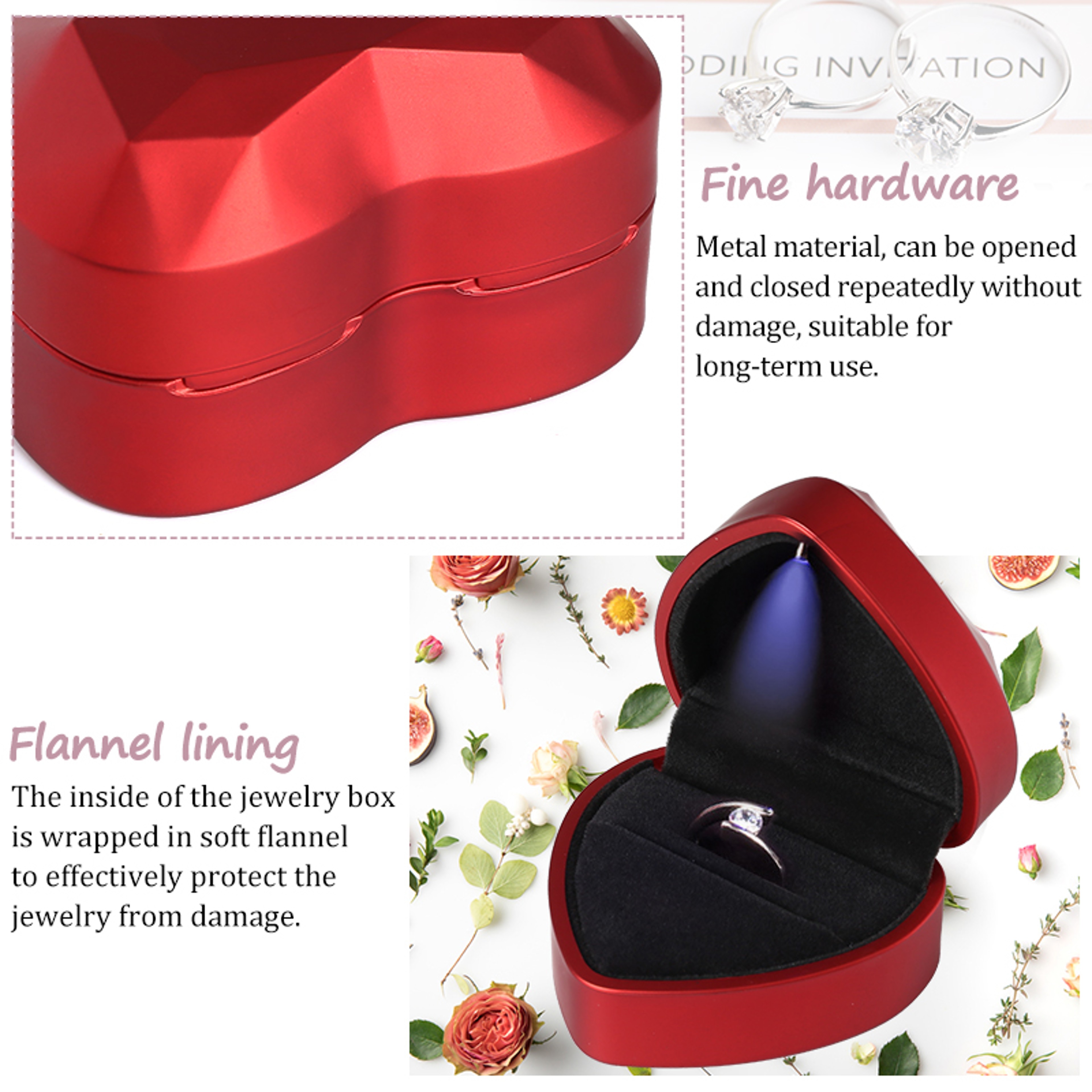 LED Light Ring Box Heart and Square Velvet Jewelry Display Case – view 4