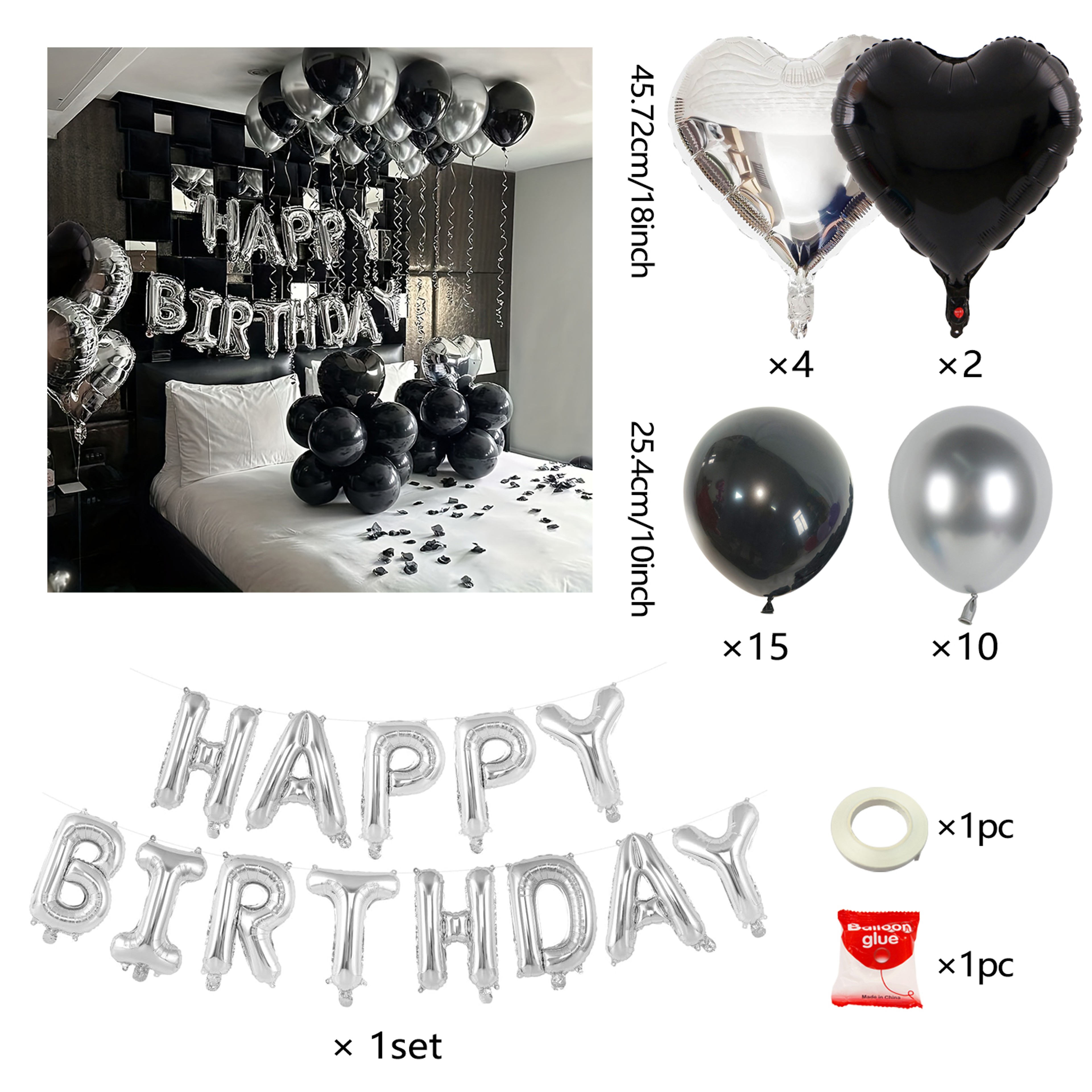 Silver Letter and Black and Silver Heart Balloons for Birthday Party Decorations – view 7