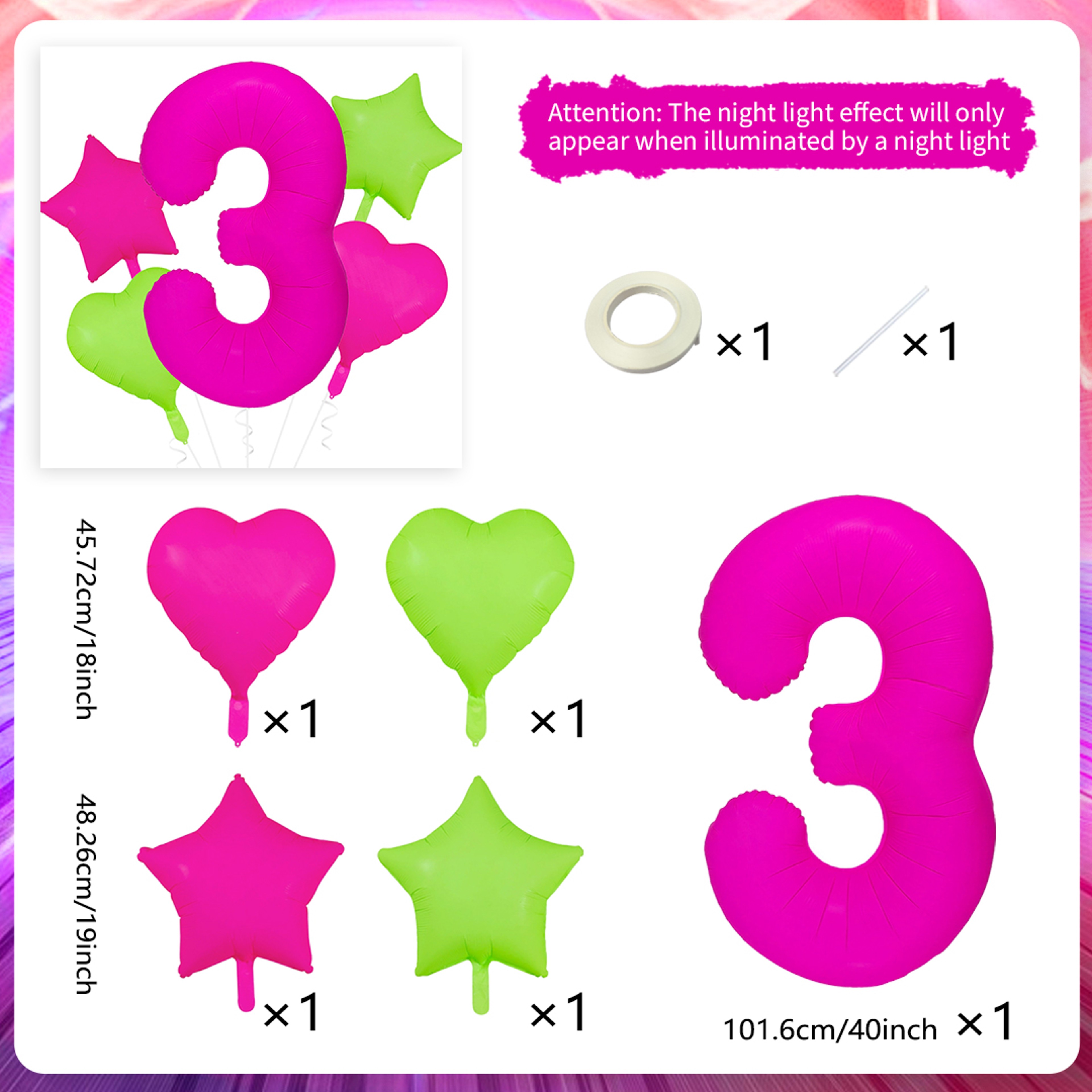 Forty Inch Neon Fluorescent Number Balloons With Star And Heart Shapes For Parties 8