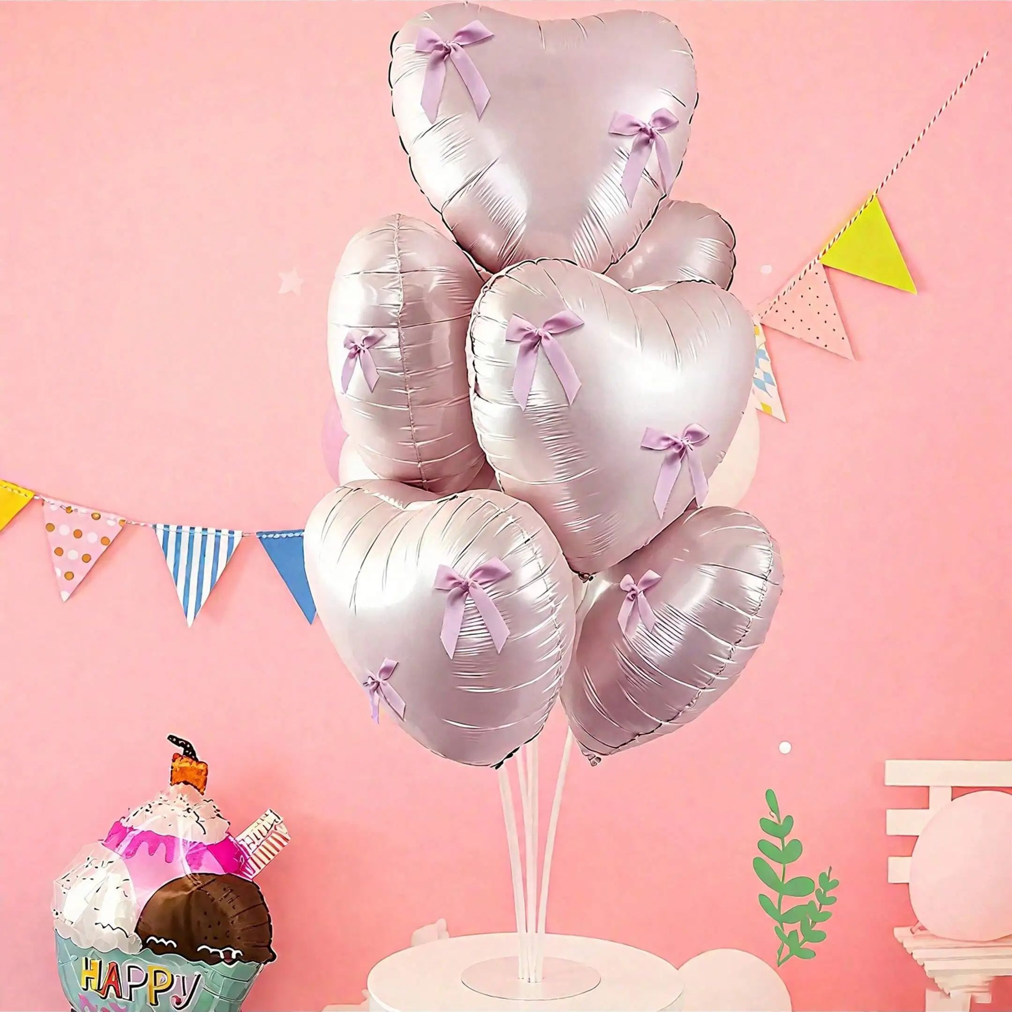 Twentytwo Piece Pink and White Heart Foil Balloon Set with Pink Bows for Party Decorations – view 2