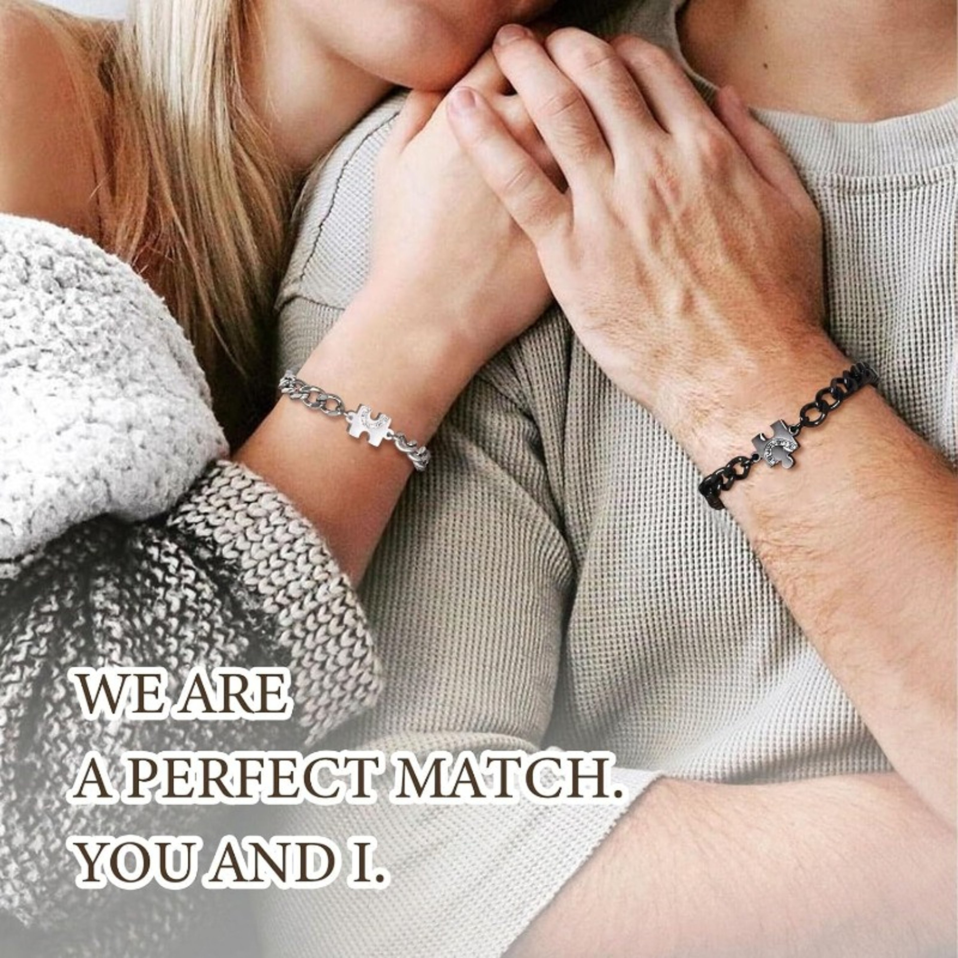 Matching Couples Bracelets with Stainless Steel Puzzle Heart Charms – view 3