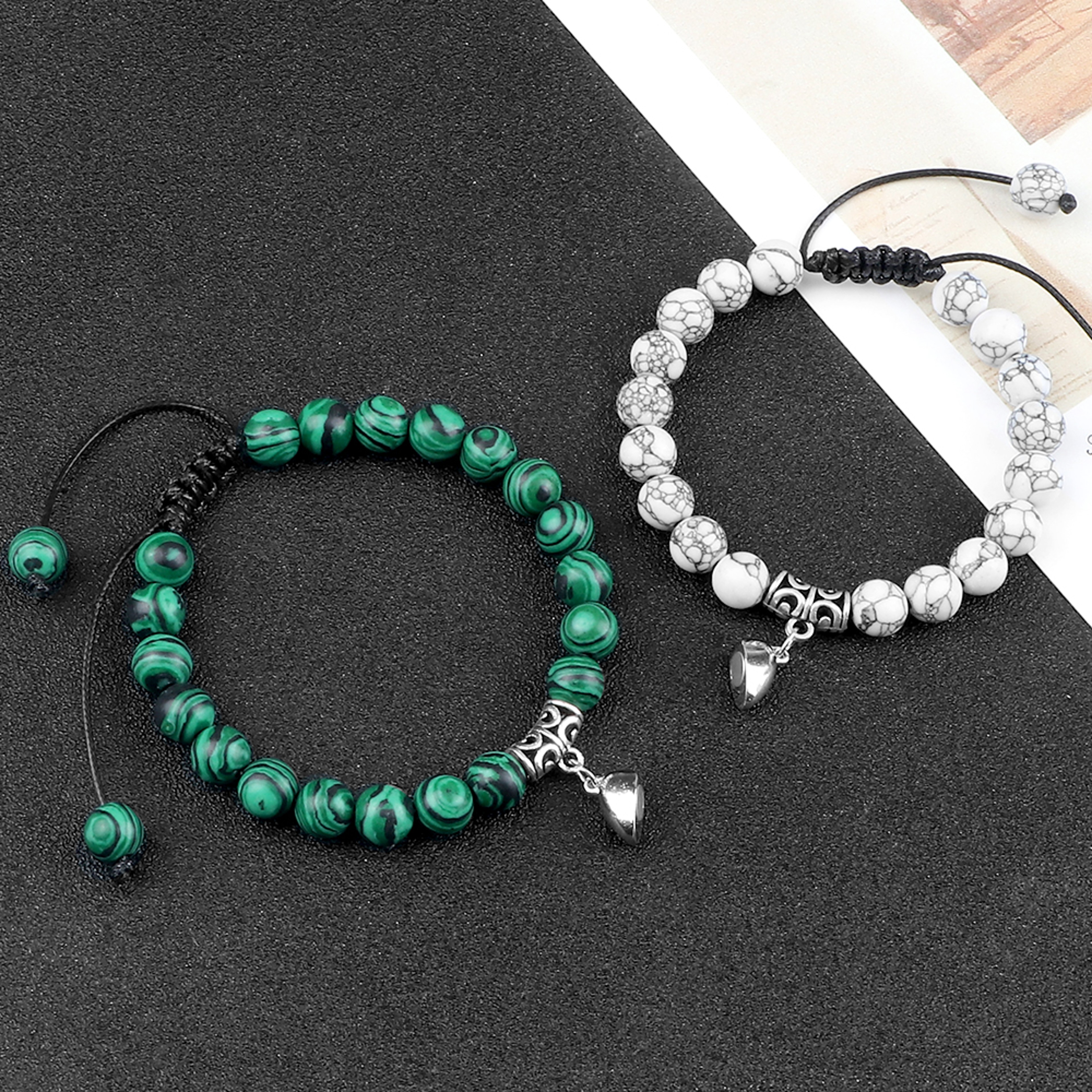 Couple Distance Bracelets Set With Natural Stone Beads And Magnetic Heart Charms 2