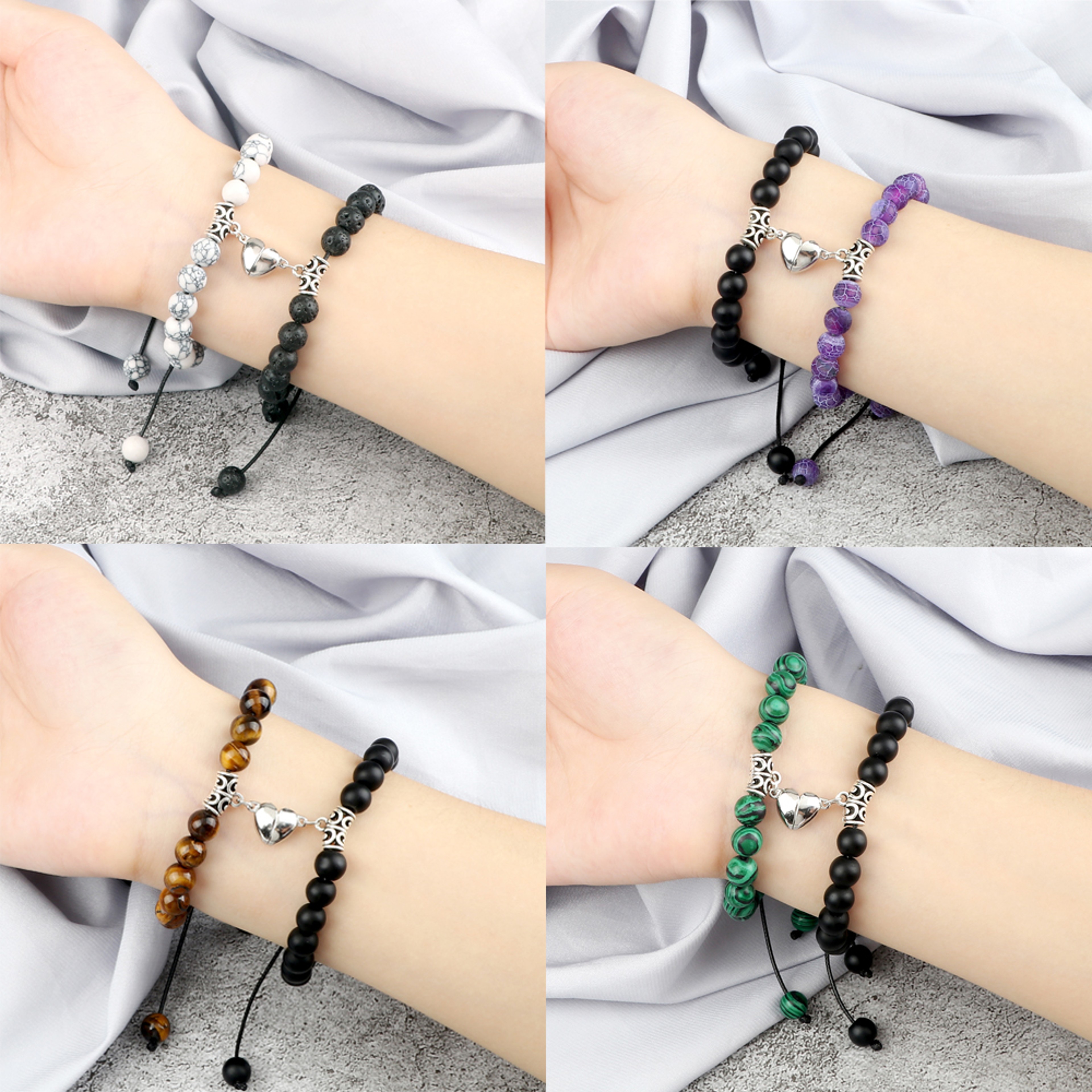 Couple Distance Bracelets Set With Natural Stone Beads And Magnetic Heart Charms 4