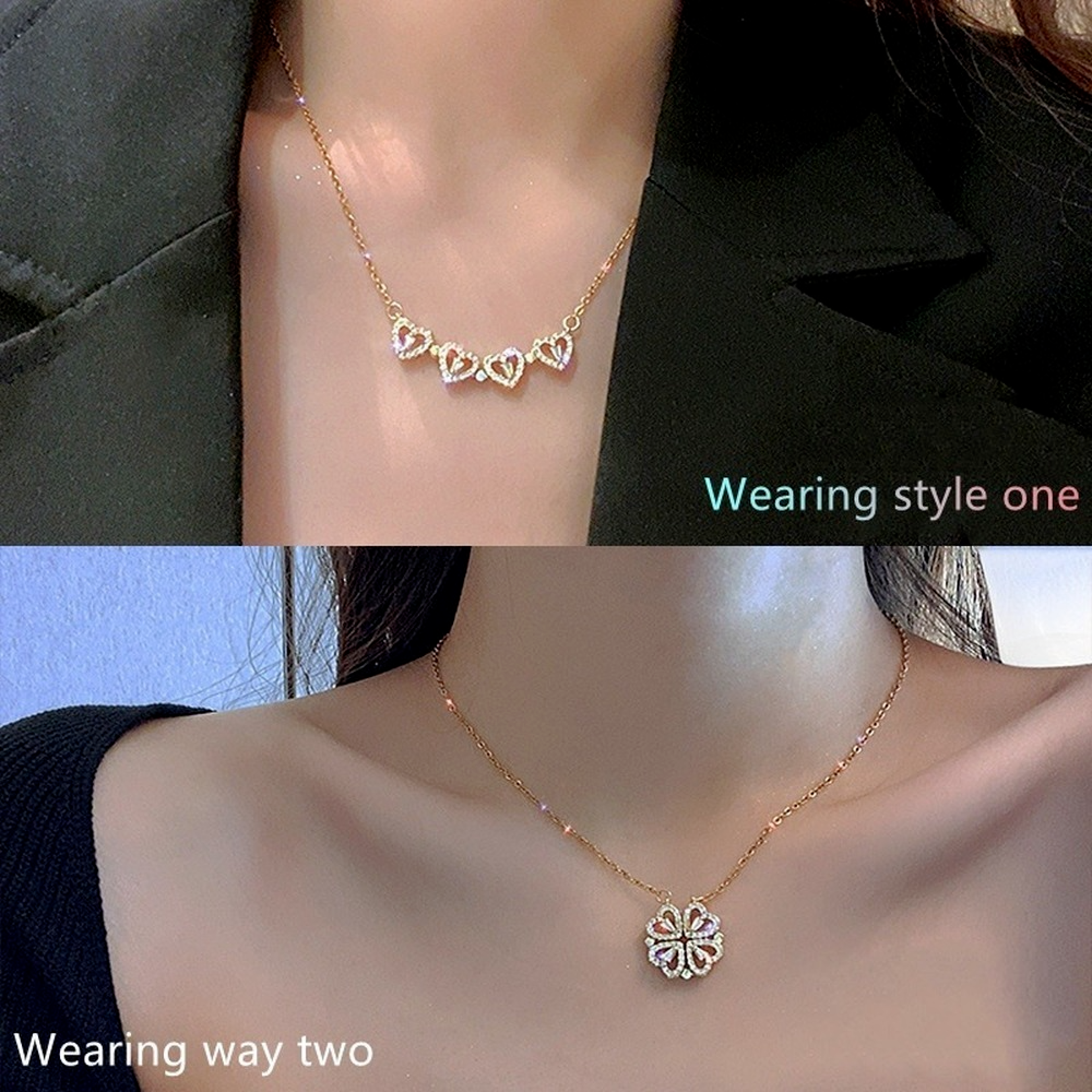 Stainless Steel Heart Shaped Clover Pendant Necklace For Women 4