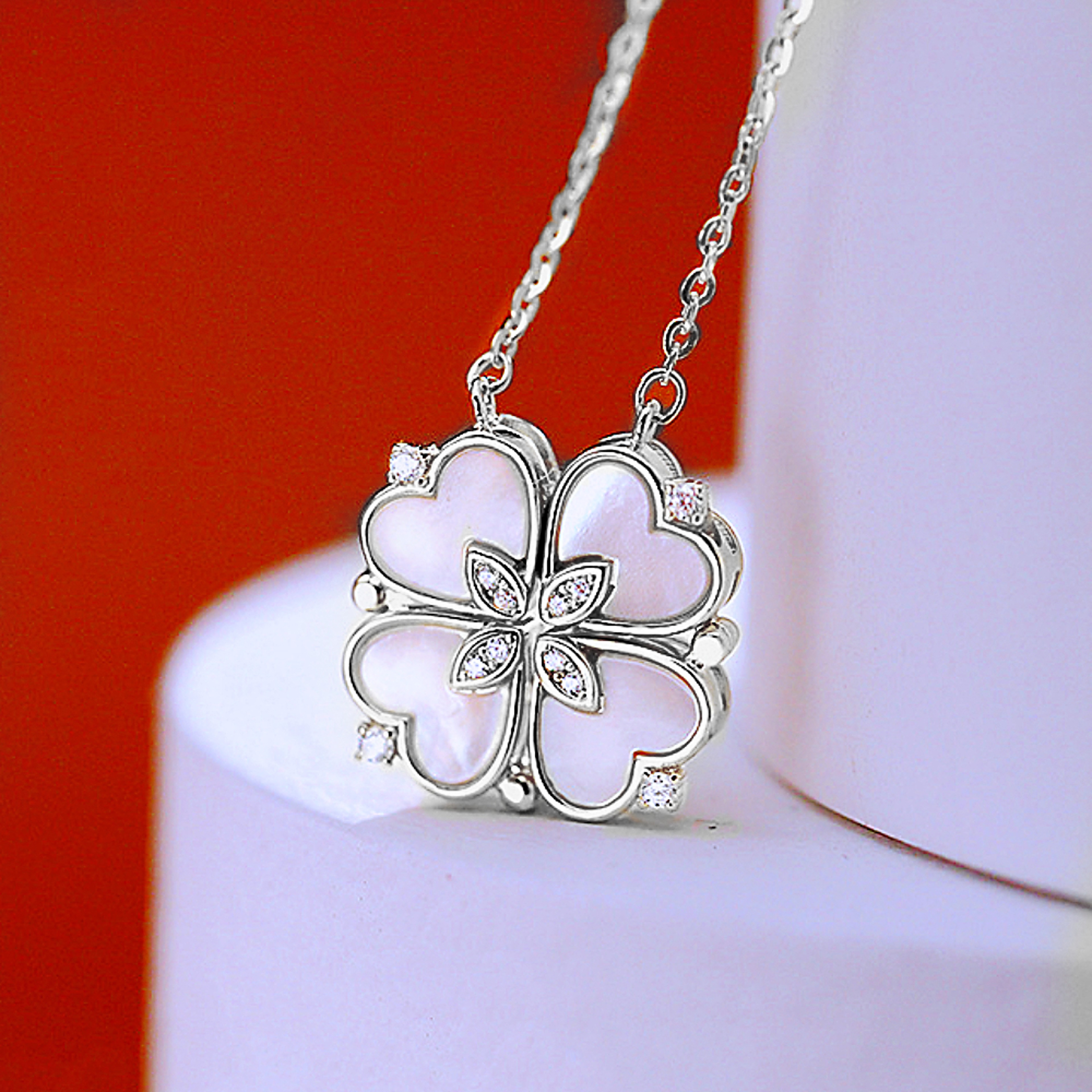 Stainless Steel Heart Shaped Clover Pendant Necklace For Women 13