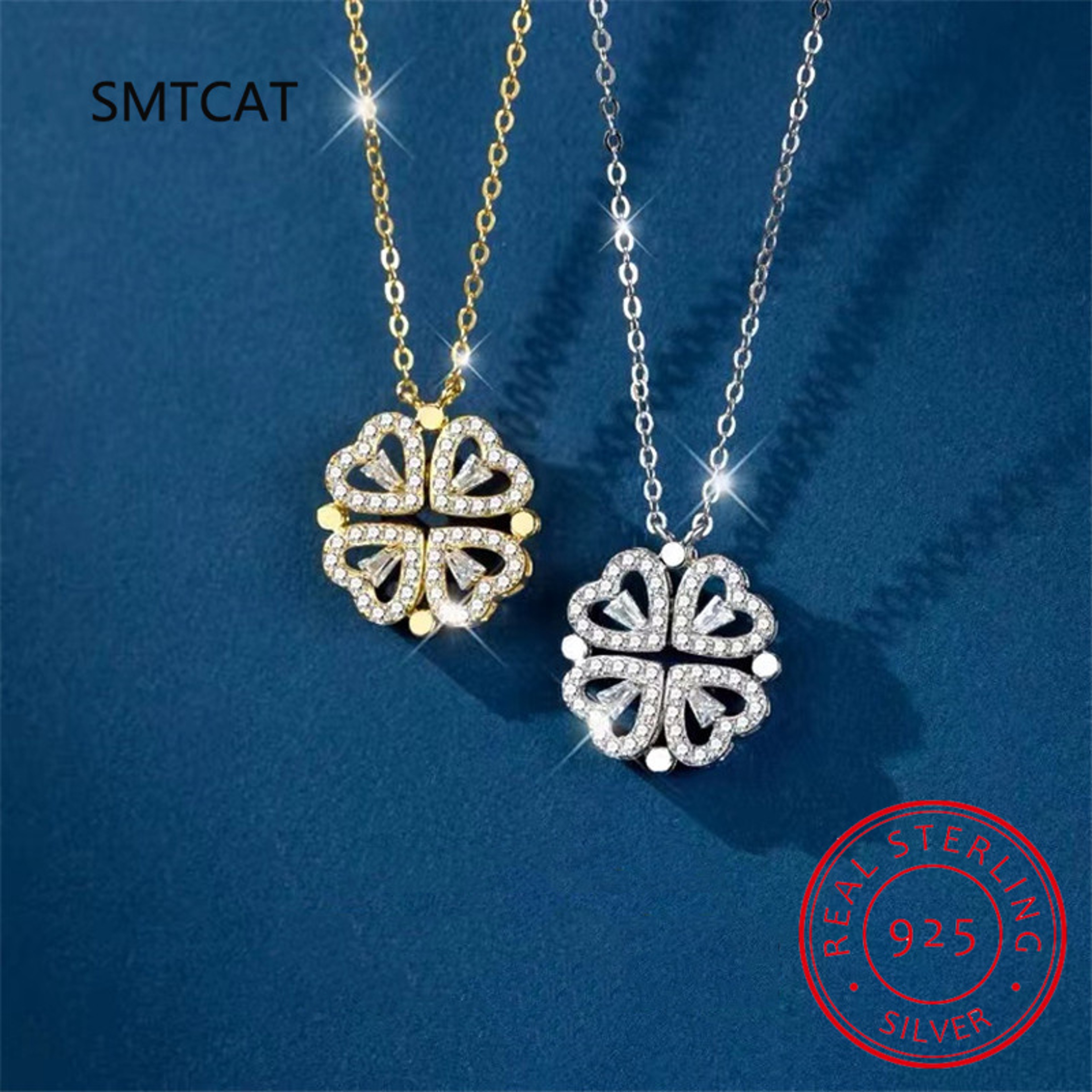 Sterling Silver Zircon Heart Four Leaf Clover Pendant Necklace – view 4