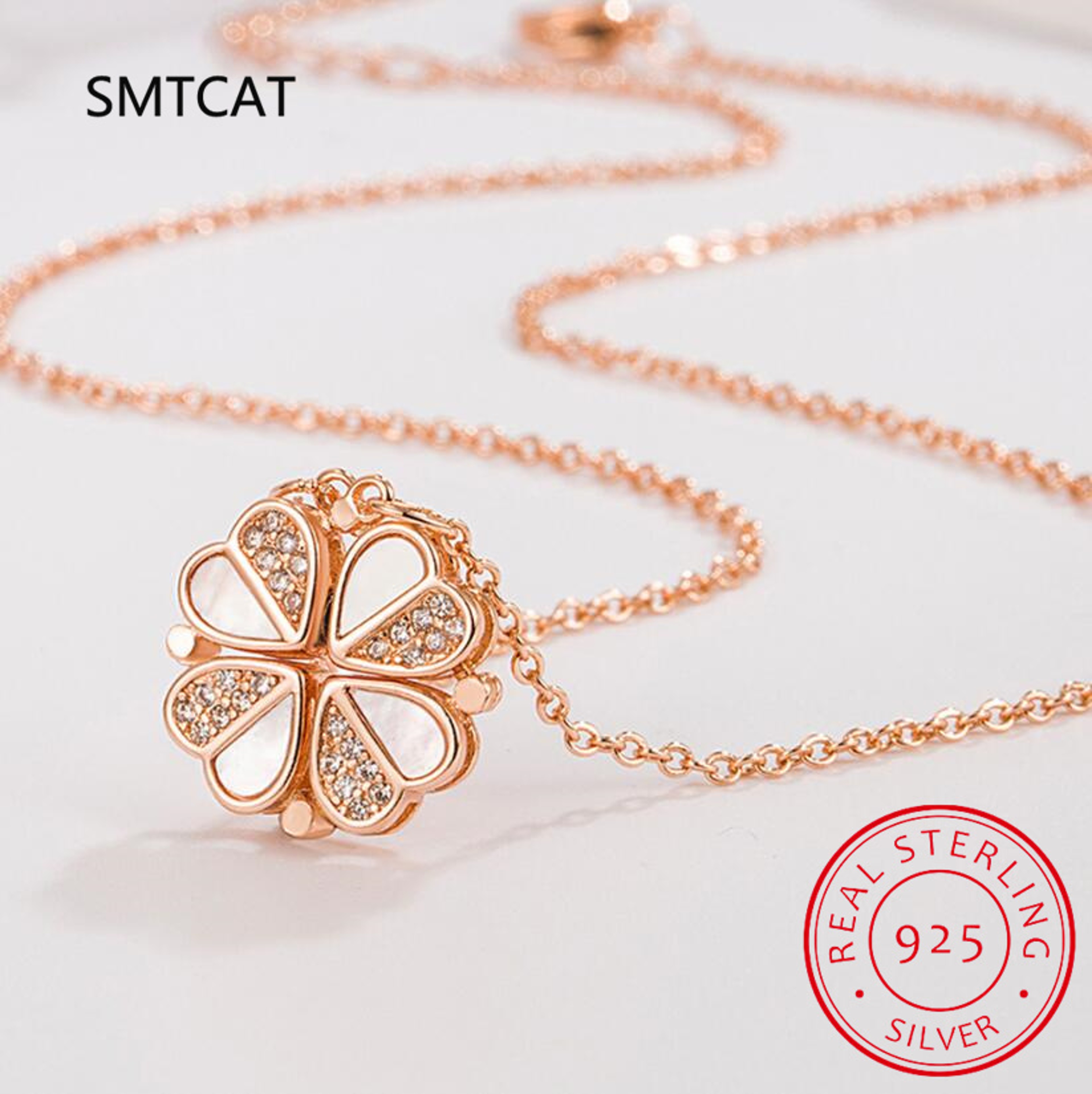 Sterling Silver Zircon Heart Four Leaf Clover Pendant Necklace – view 10