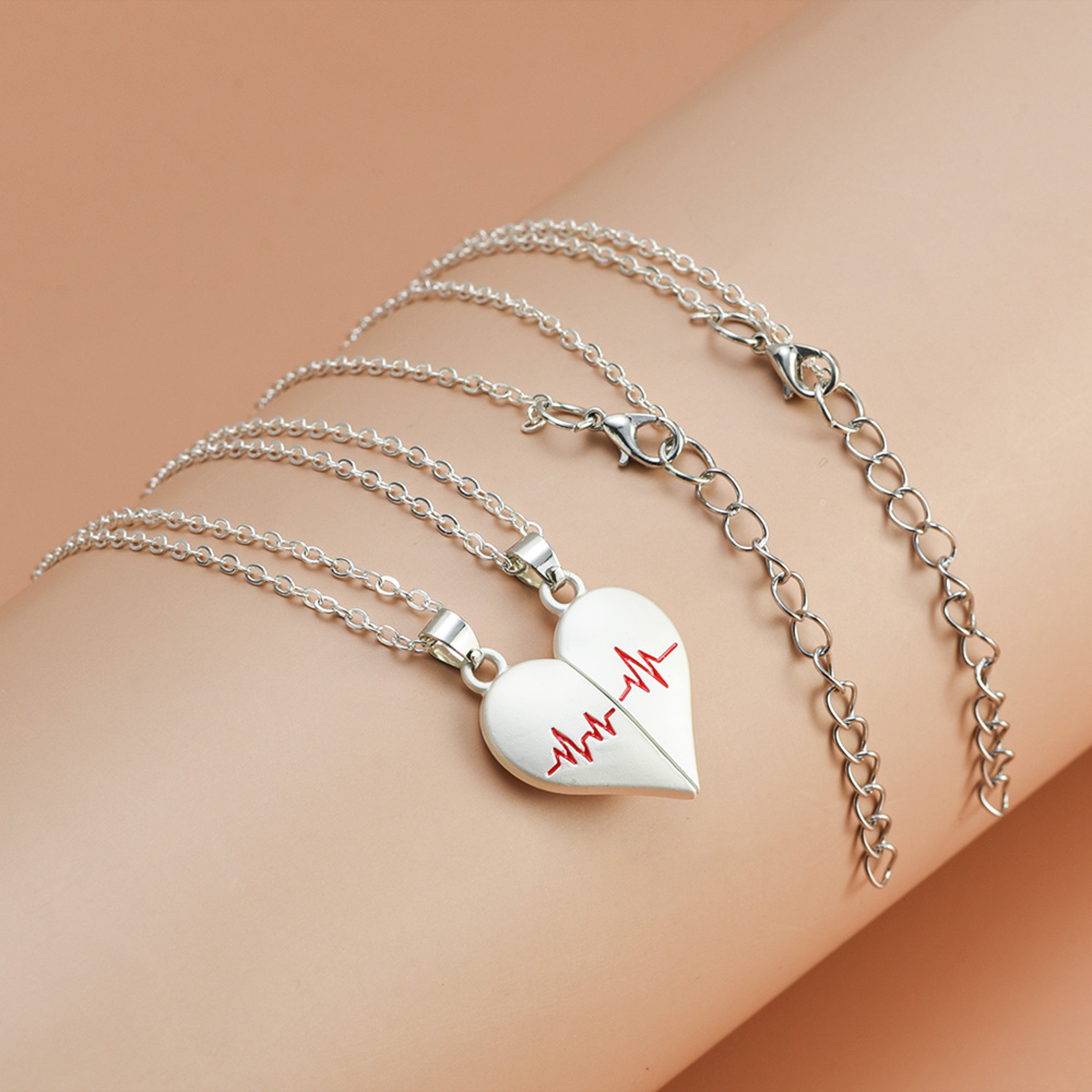 Magnetic Heart Couple Necklaces Two Piece Electrocardiogram Pendant Jewelry Set 4