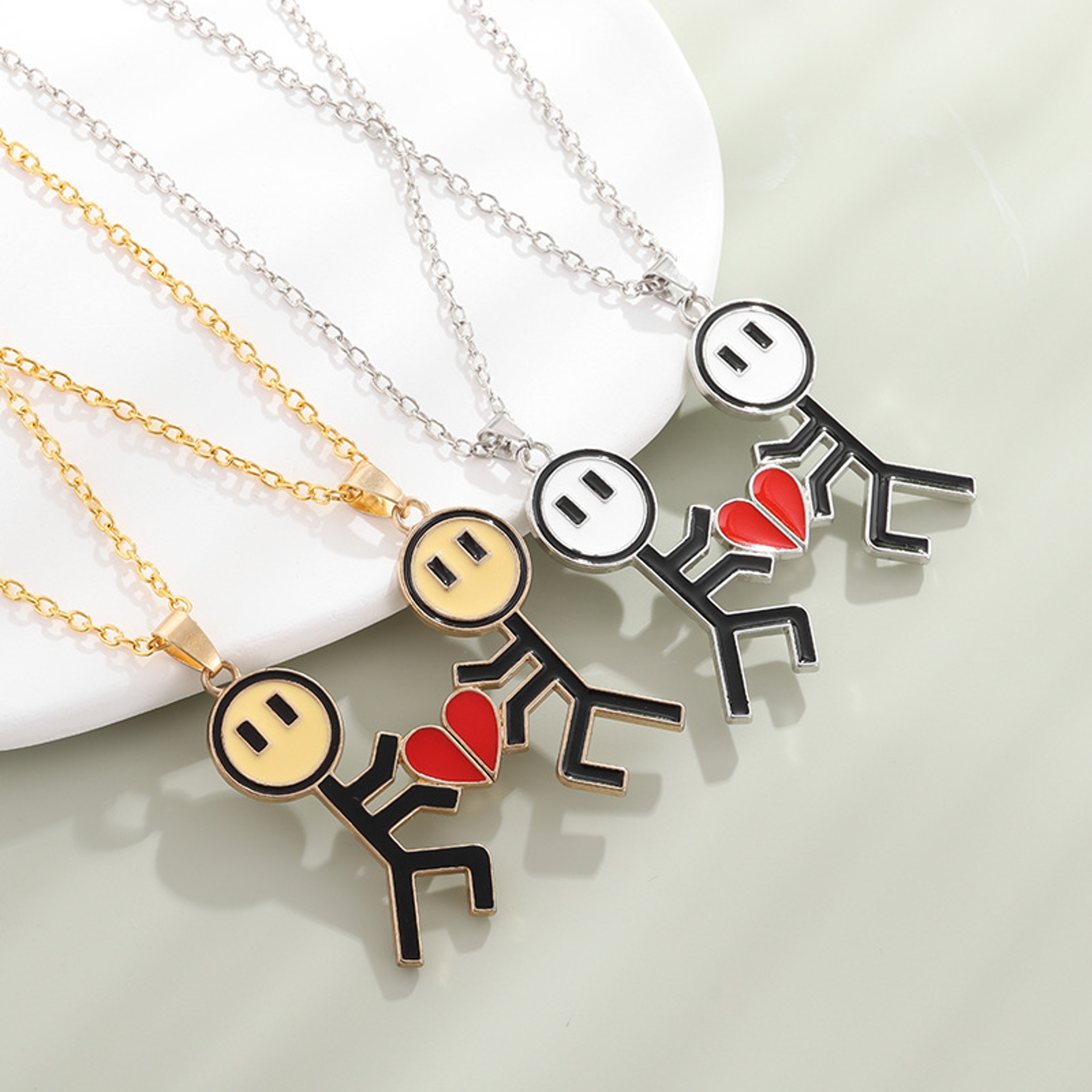 Magnetic Couple Necklace With Stickman Charm And Heart Pendant 0