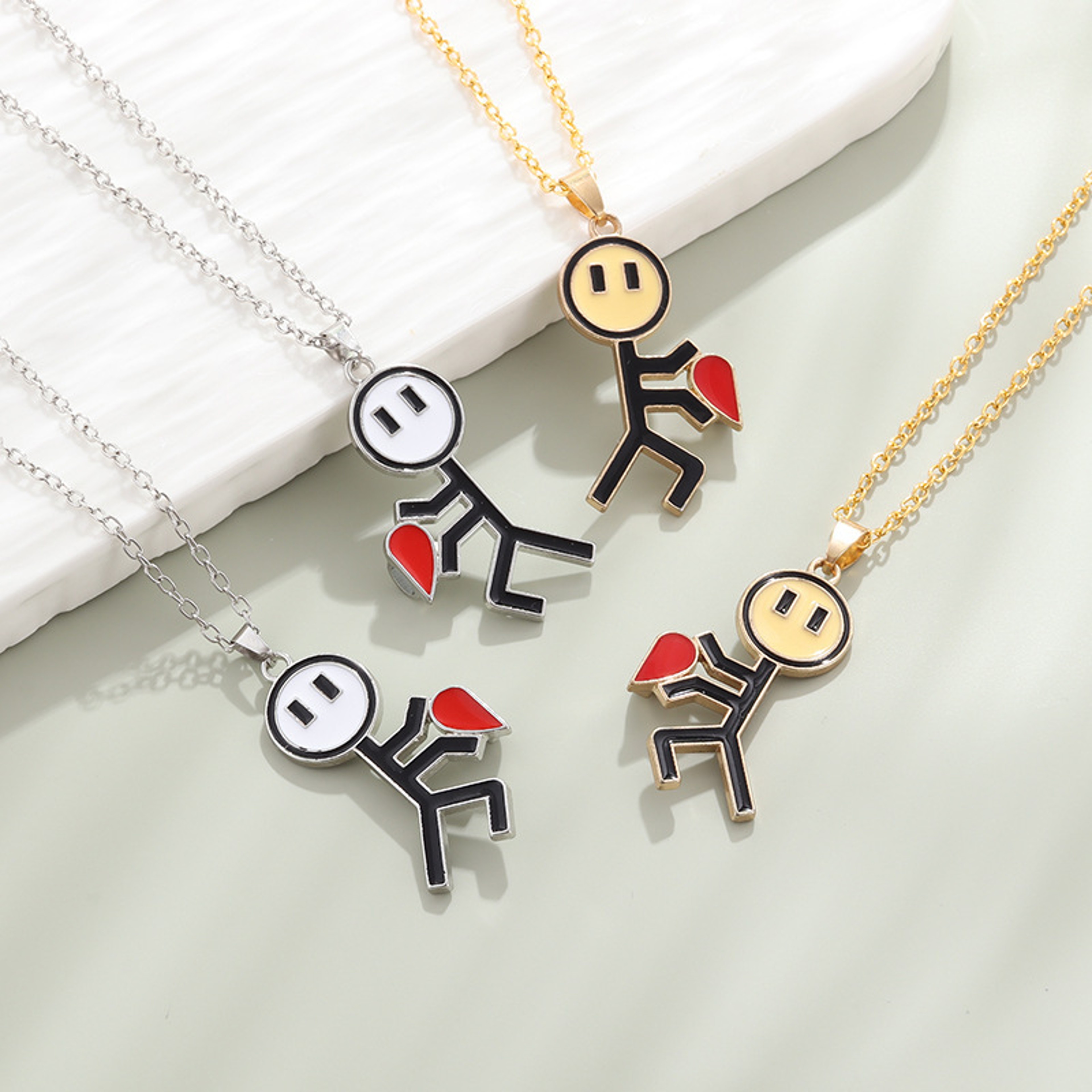 Magnetic Couple Necklace With Stickman Charm And Heart Pendant 1