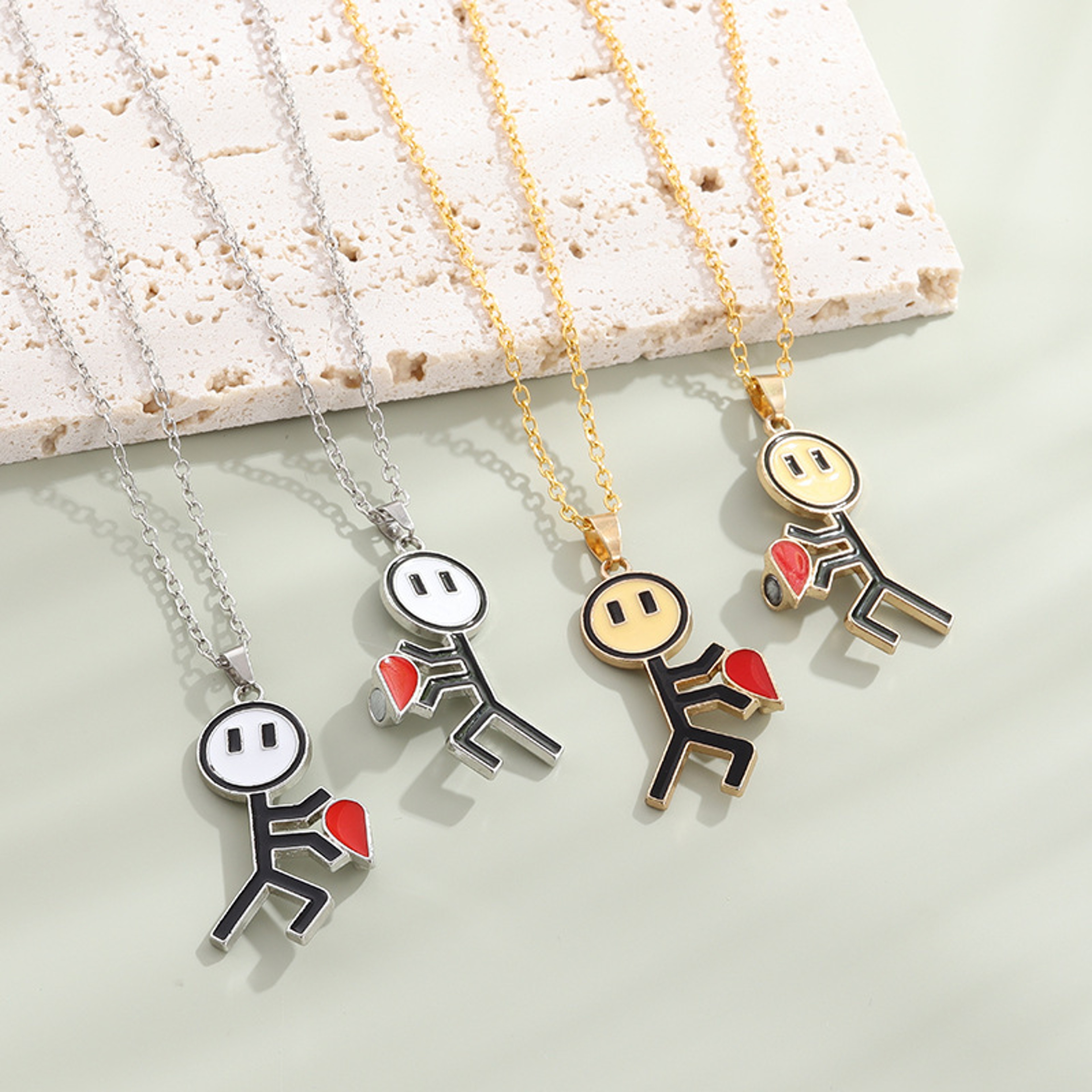 Magnetic Couple Necklace With Stickman Charm And Heart Pendant 2