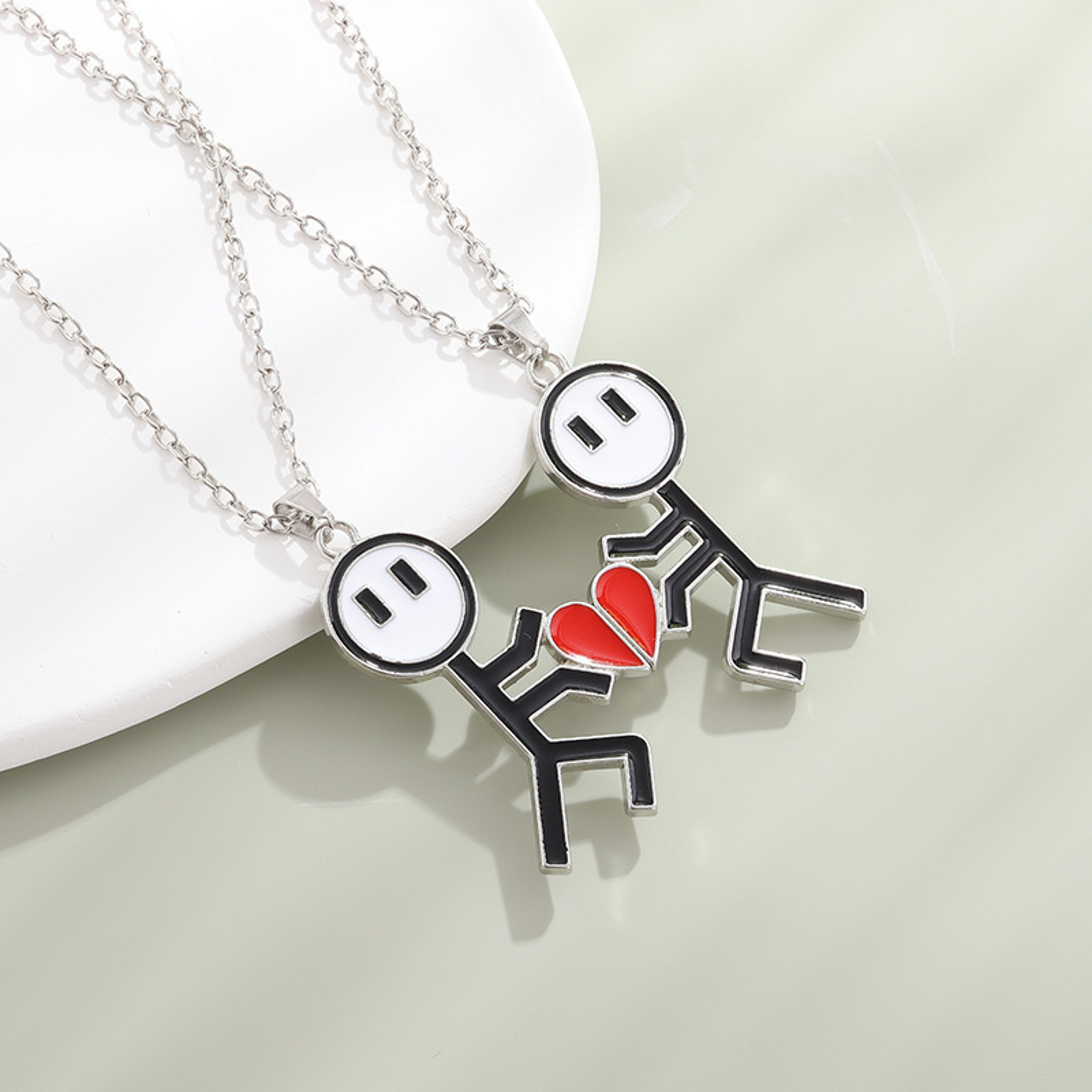 Magnetic Couple Necklace With Stickman Charm And Heart Pendant 7