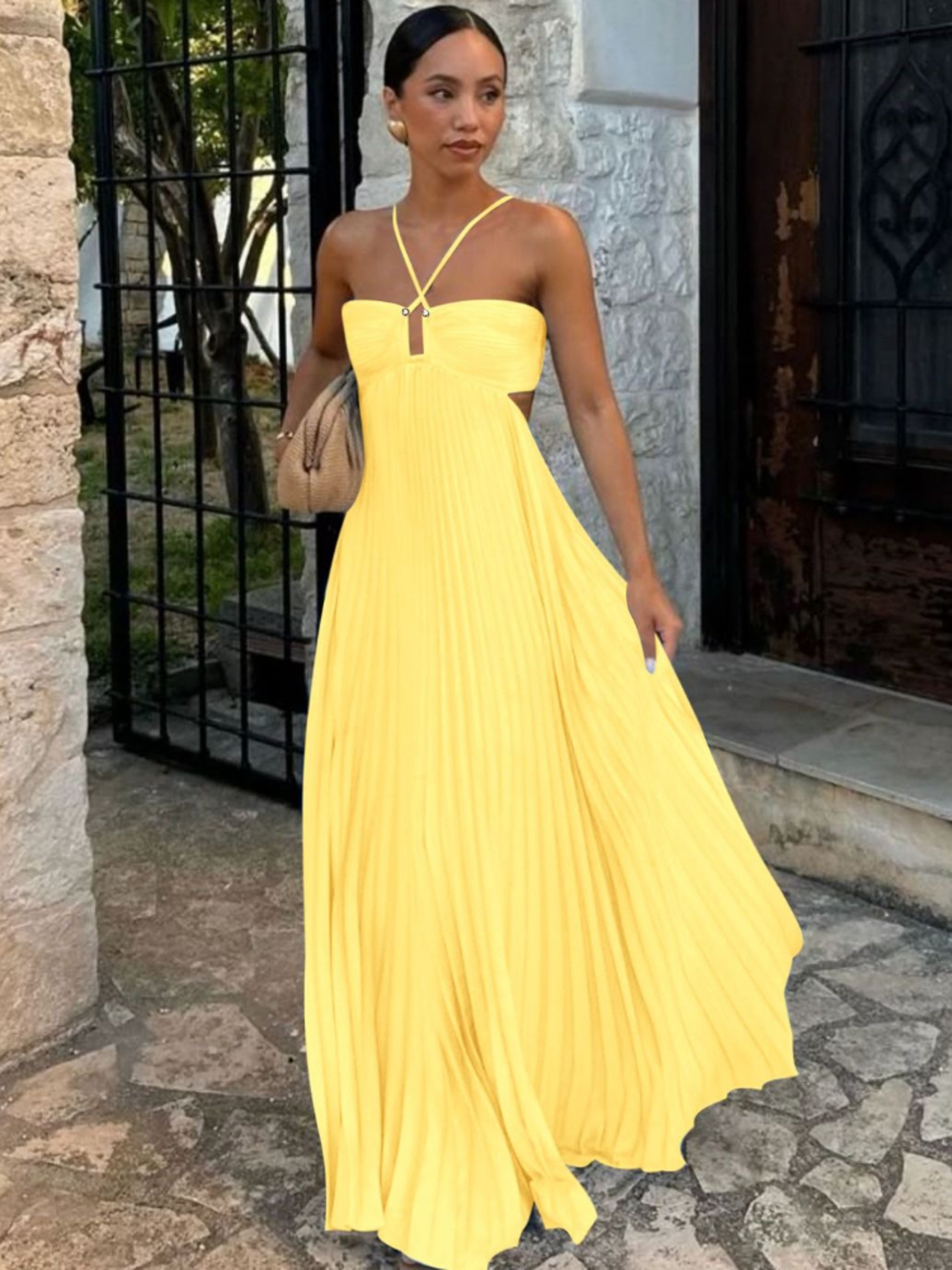 Womens Backless Pleated Maxi Dress with Spaghetti Straps for Summer – view 1