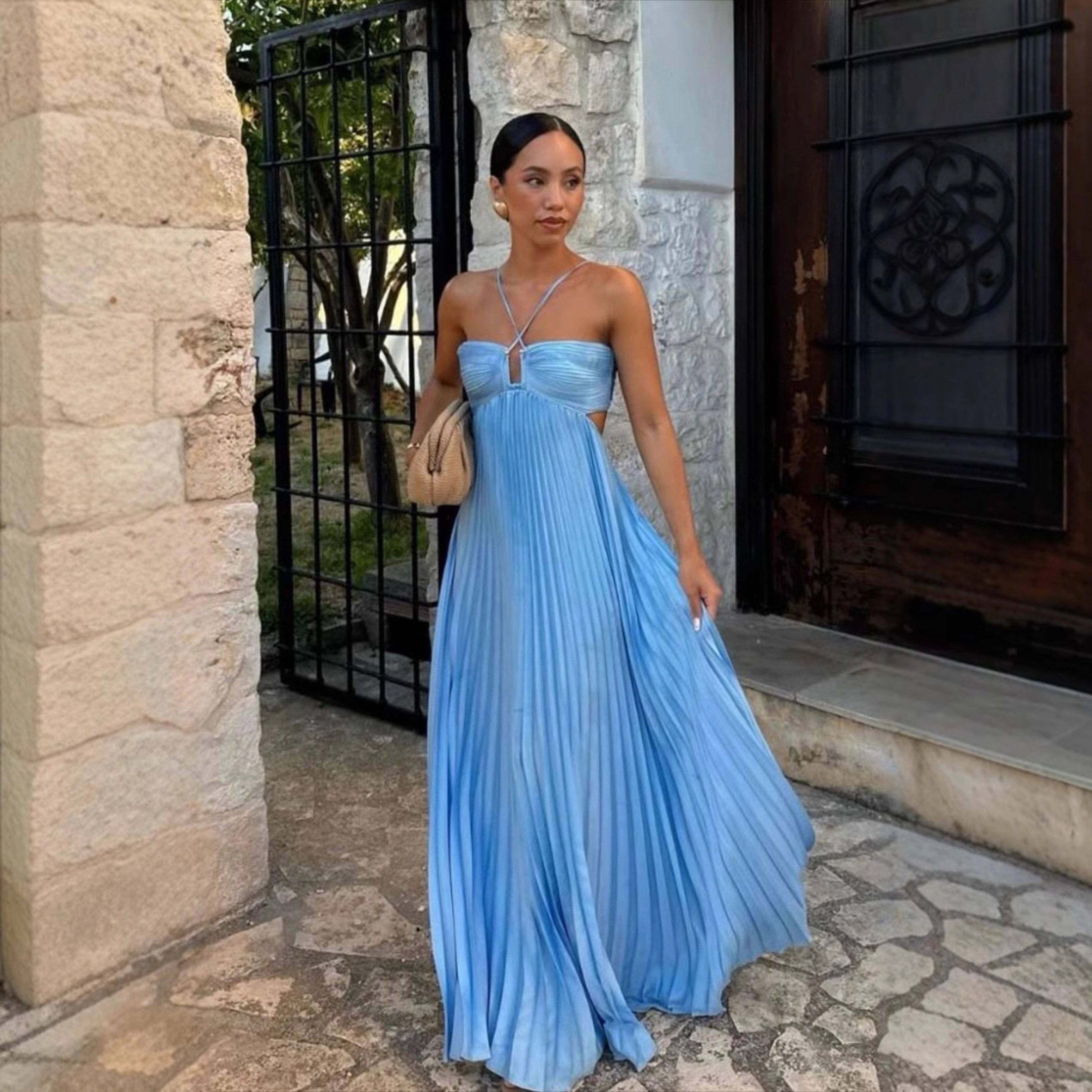 Womens Backless Pleated Maxi Dress with Spaghetti Straps for Summer – view 8