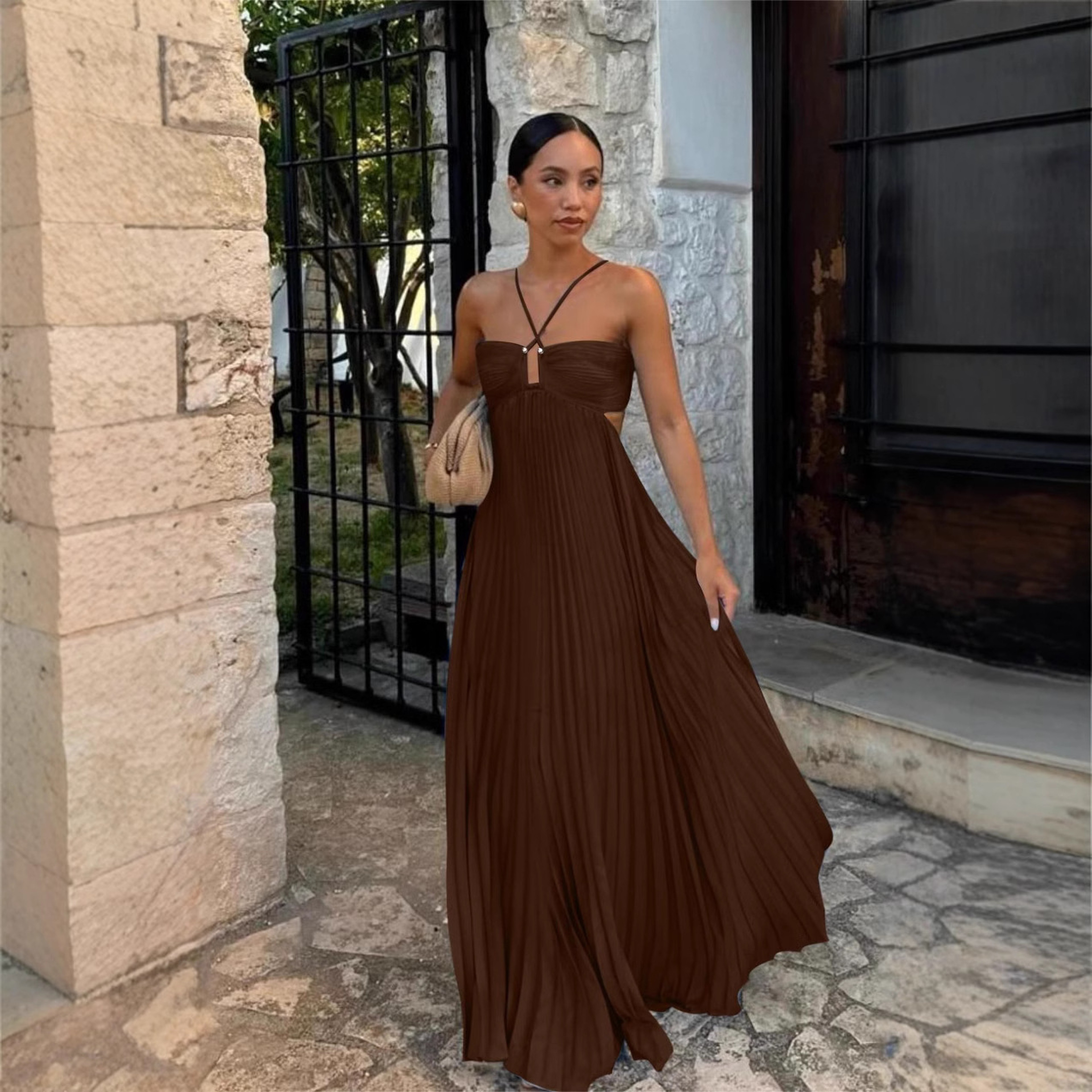 Womens Backless Pleated Maxi Dress with Spaghetti Straps for Summer – view 7