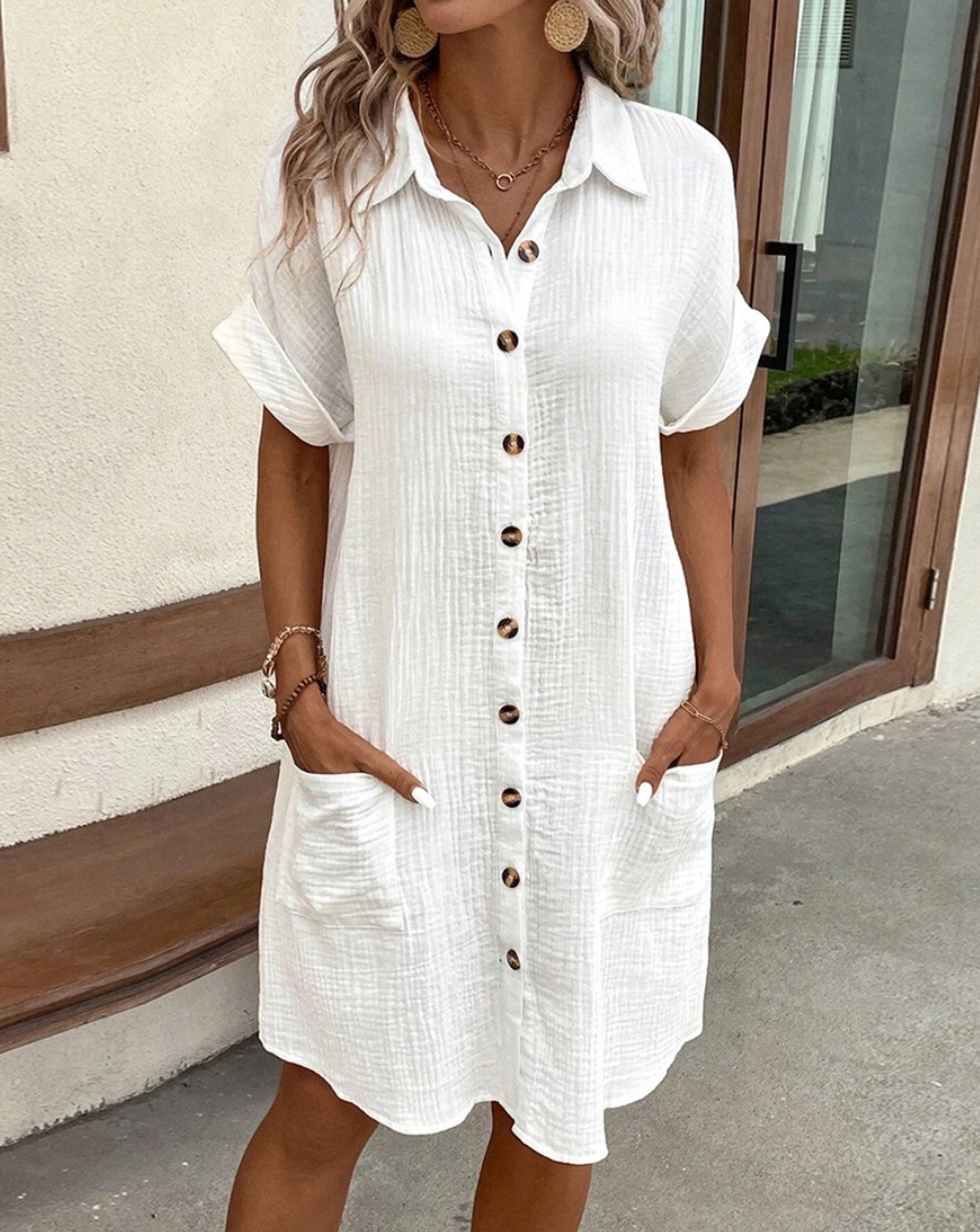 Womens Casual V Neck Knee Length Dress with Pockets – view 1