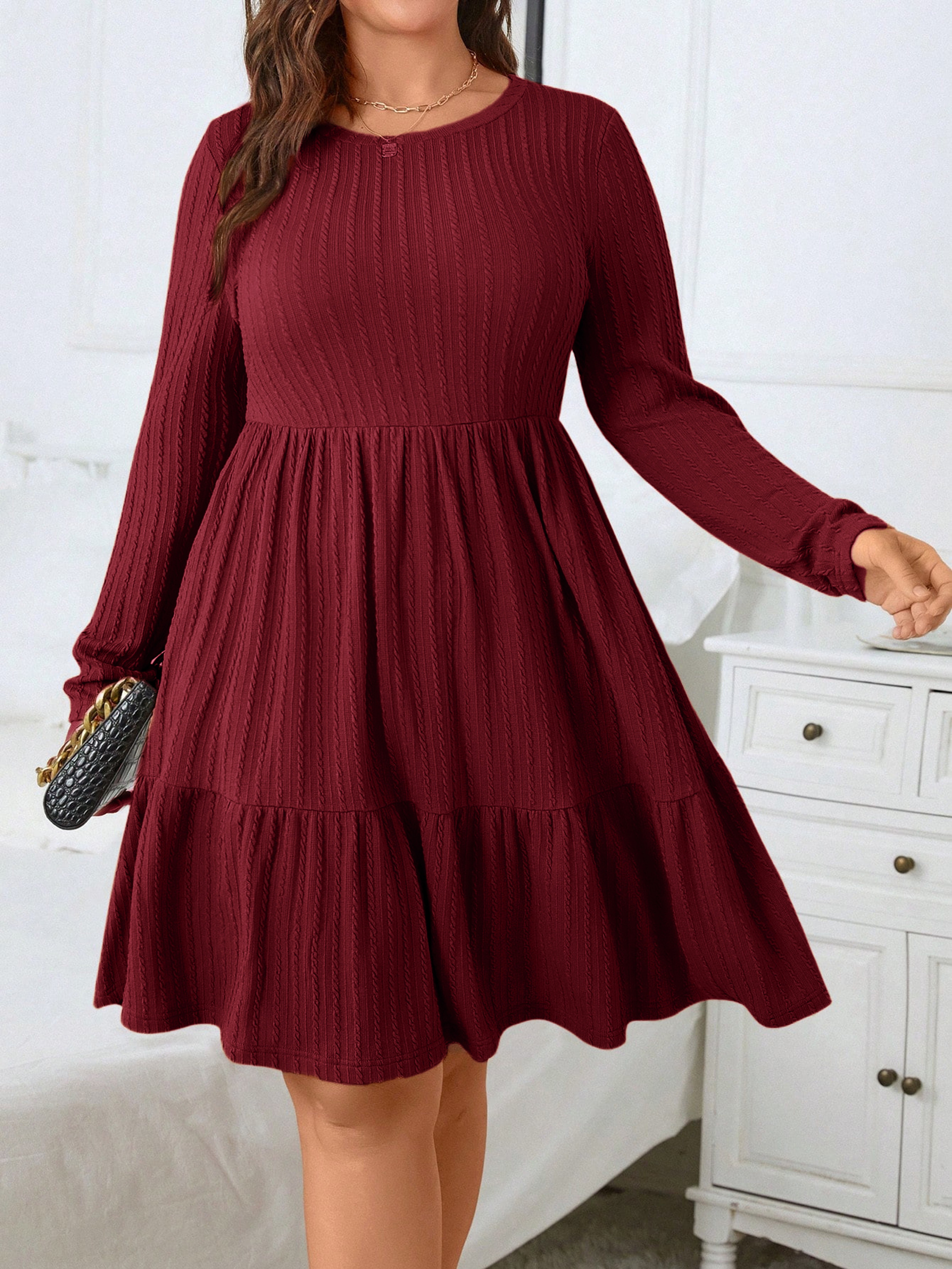Plus Size Womens Long Sleeve Ruffle Hem Dress with Pockets – view 1