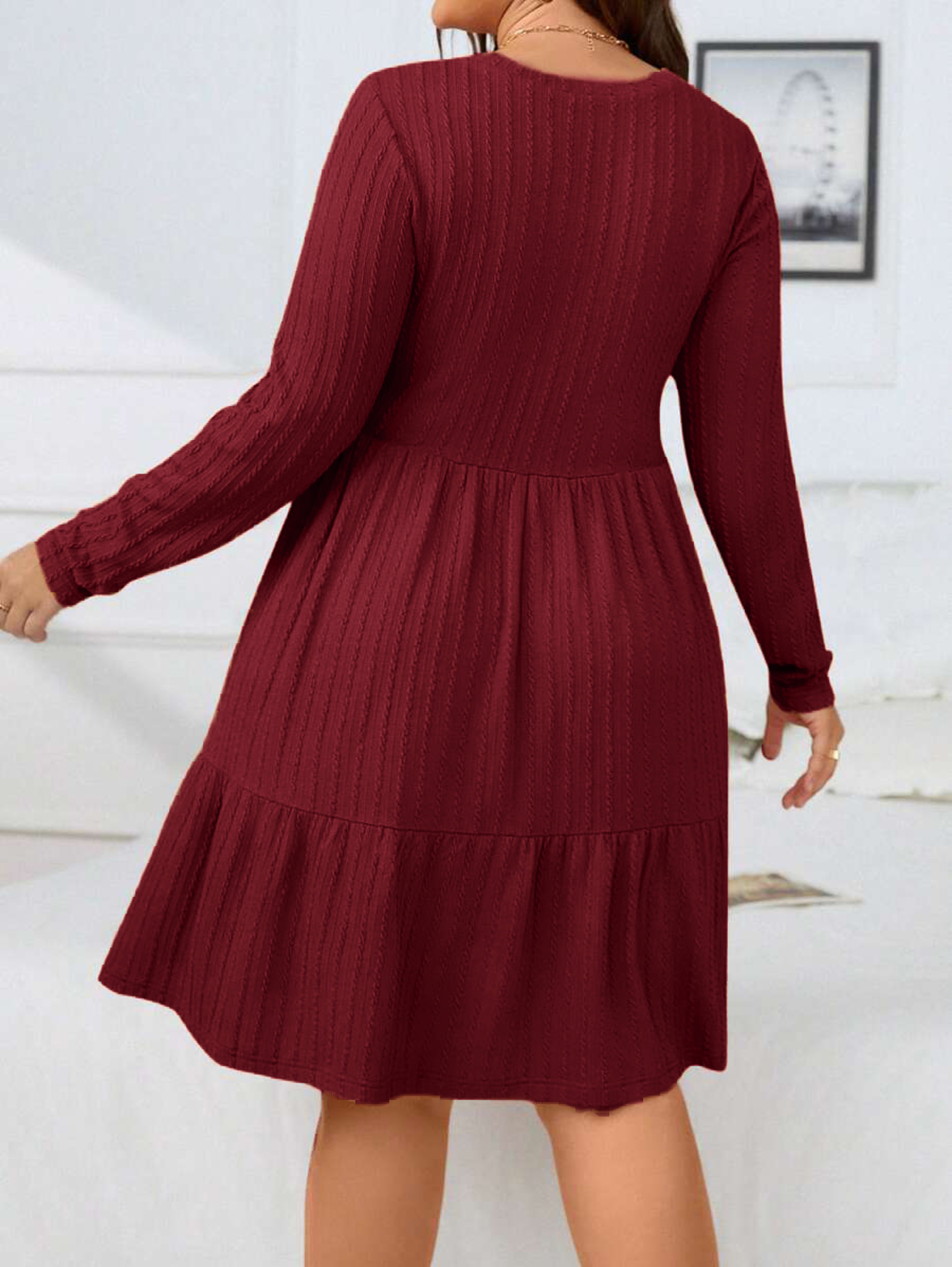 Plus Size Womens Long Sleeve Ruffle Hem Dress with Pockets – view 2
