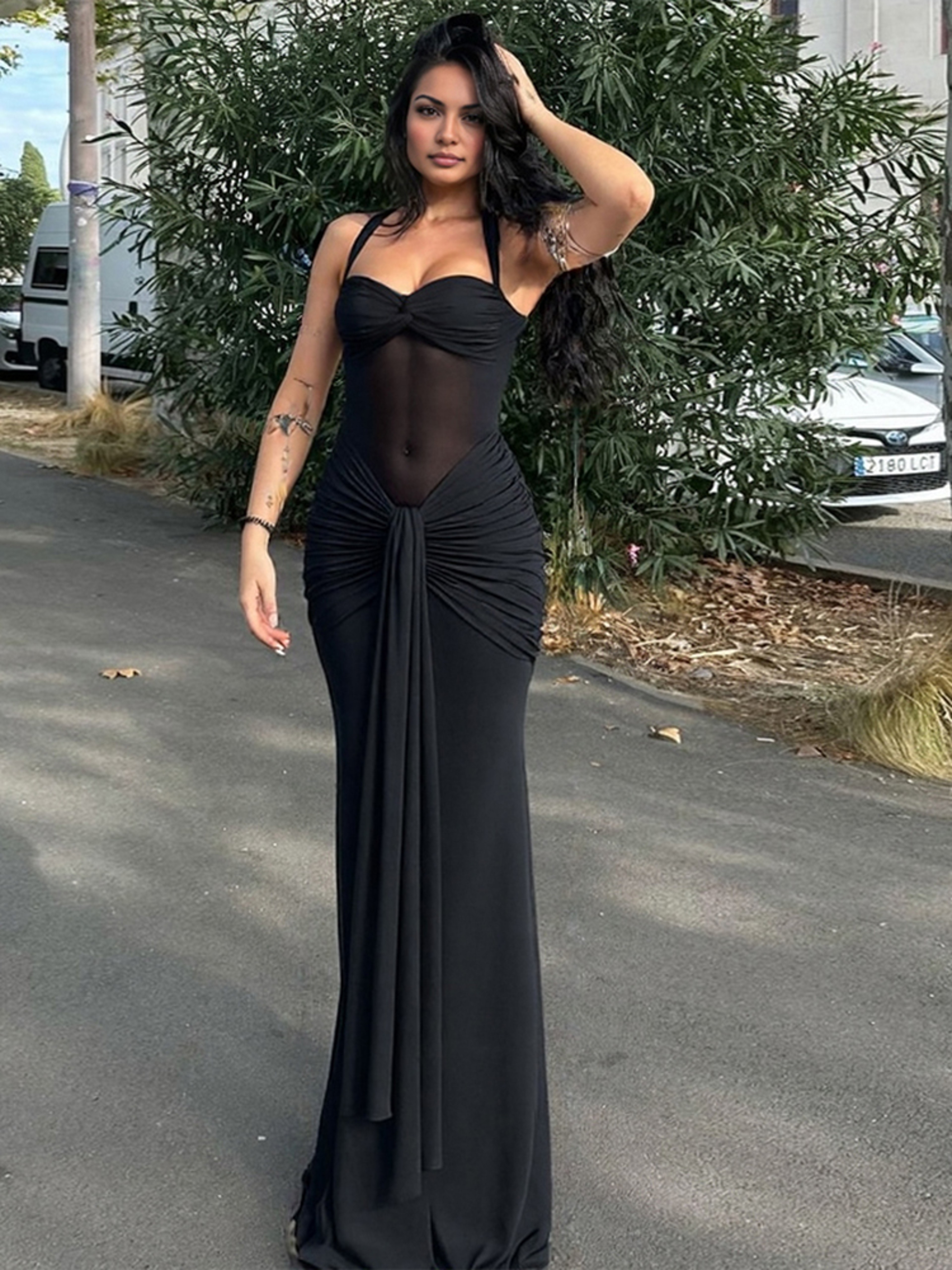 Womens Backless Halter Maxi Dress with Ruched Mesh Detail – view 3