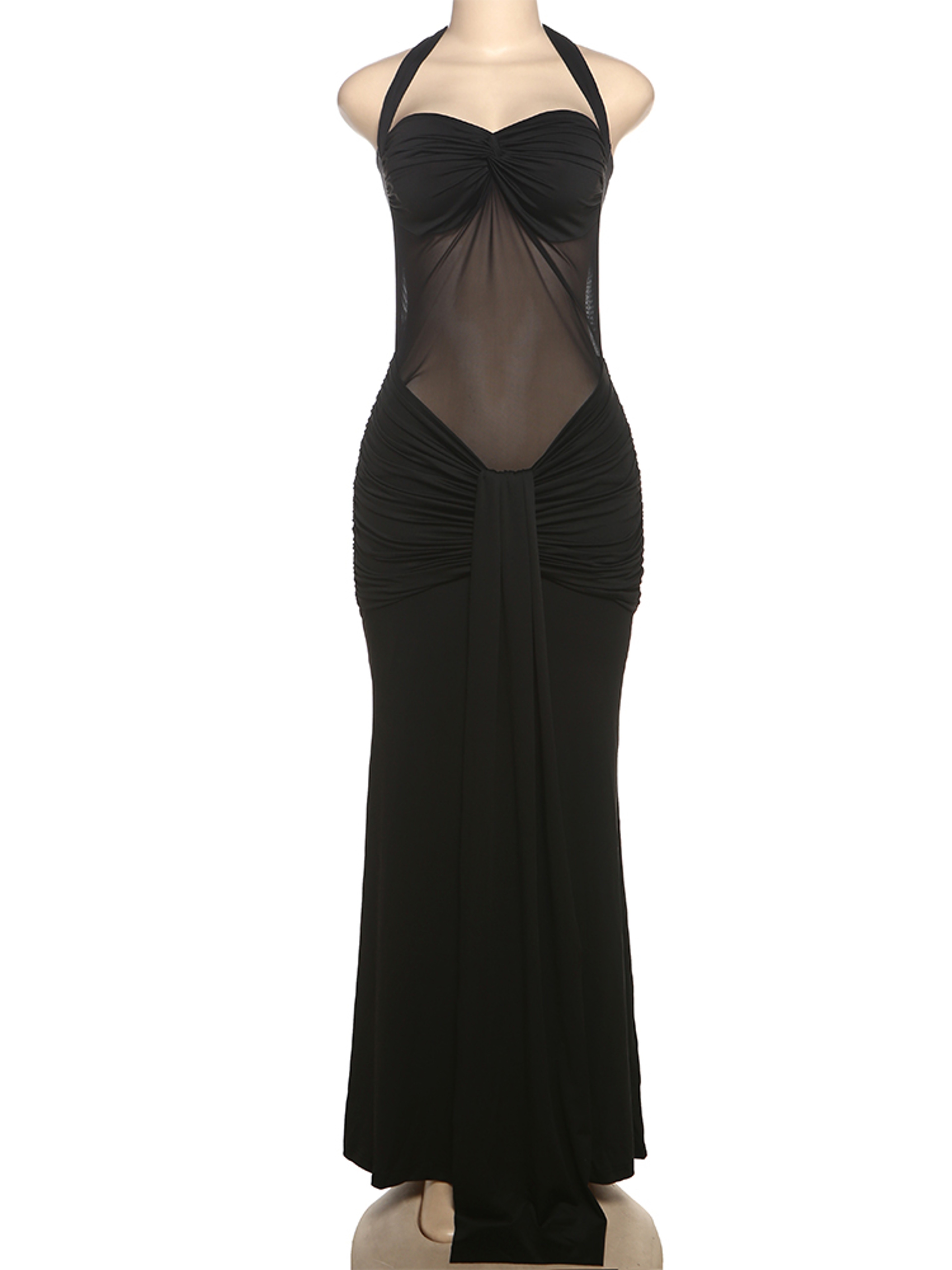 Womens Backless Halter Maxi Dress with Ruched Mesh Detail – view 6