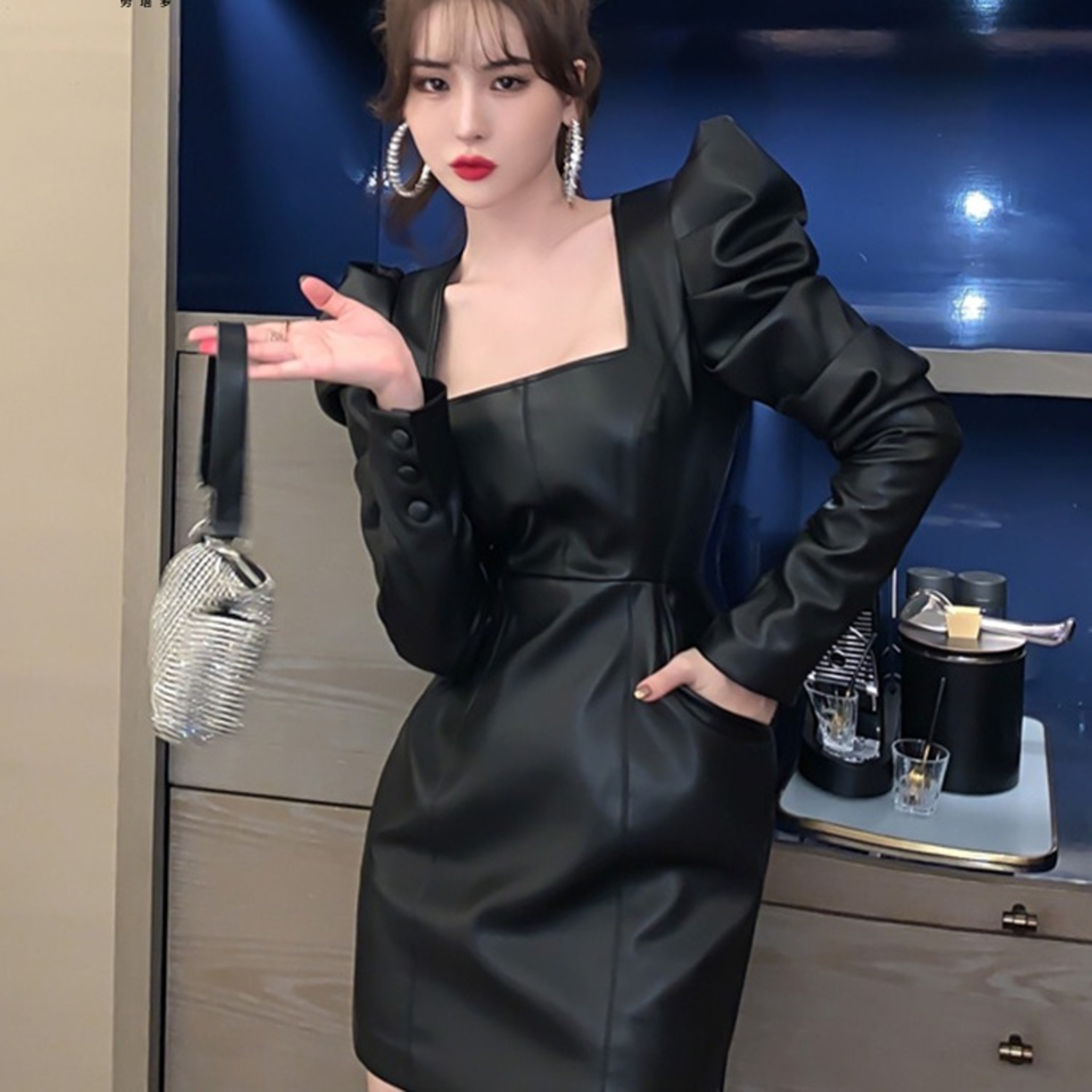 Womens Black Faux Leather Mini Dress with Square Neck and Puff Sleevesjpg